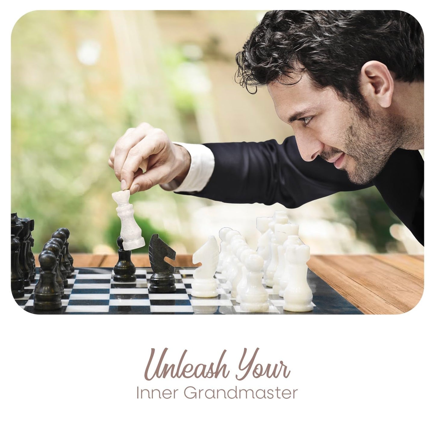 UMAID Marble Chess Set - Handcrafted 13 Inch Black & White Board with Weighted Pieces & Velvet Storage Box - Luxury Home Decor