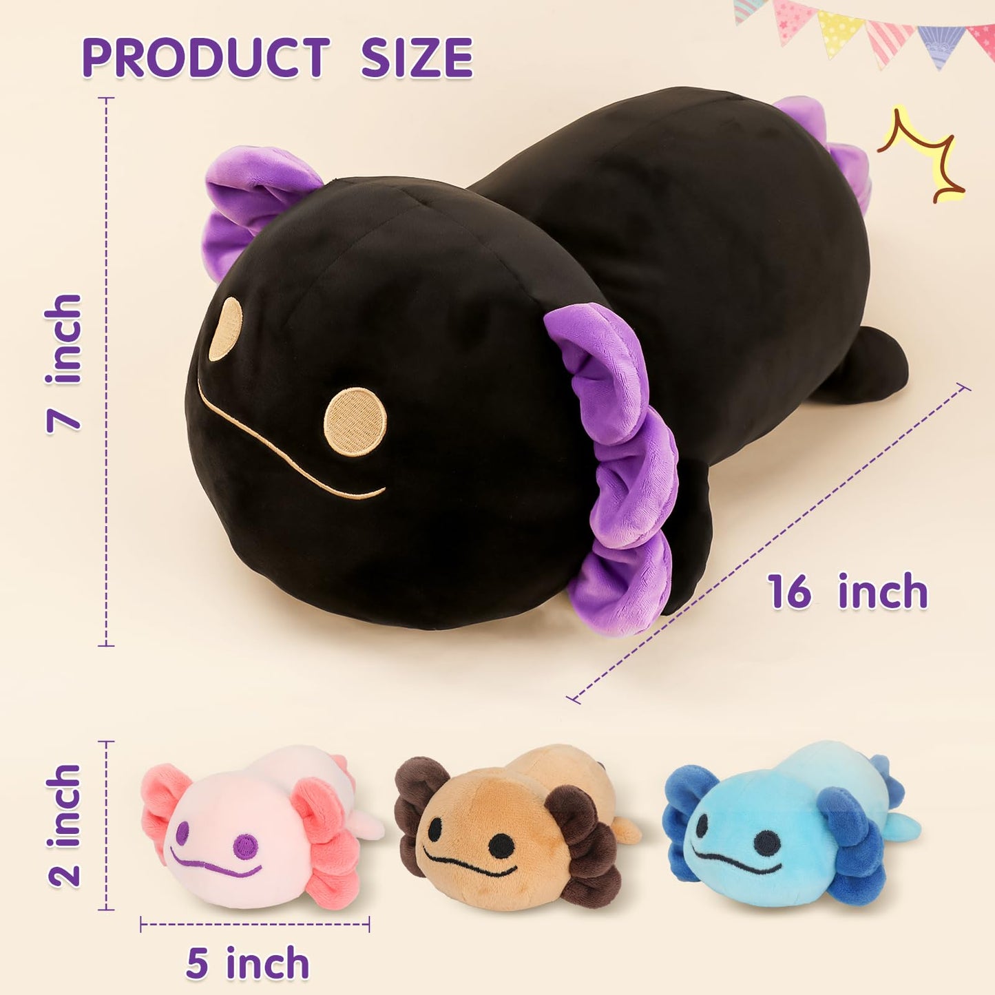 Toys For Girls Ages 3 4 5 6 7 8+ Years -16'' Black Axolotl Mommy Stuffed Animal With 3 Baby Axolotl In Her Tummy, Cute Salamande