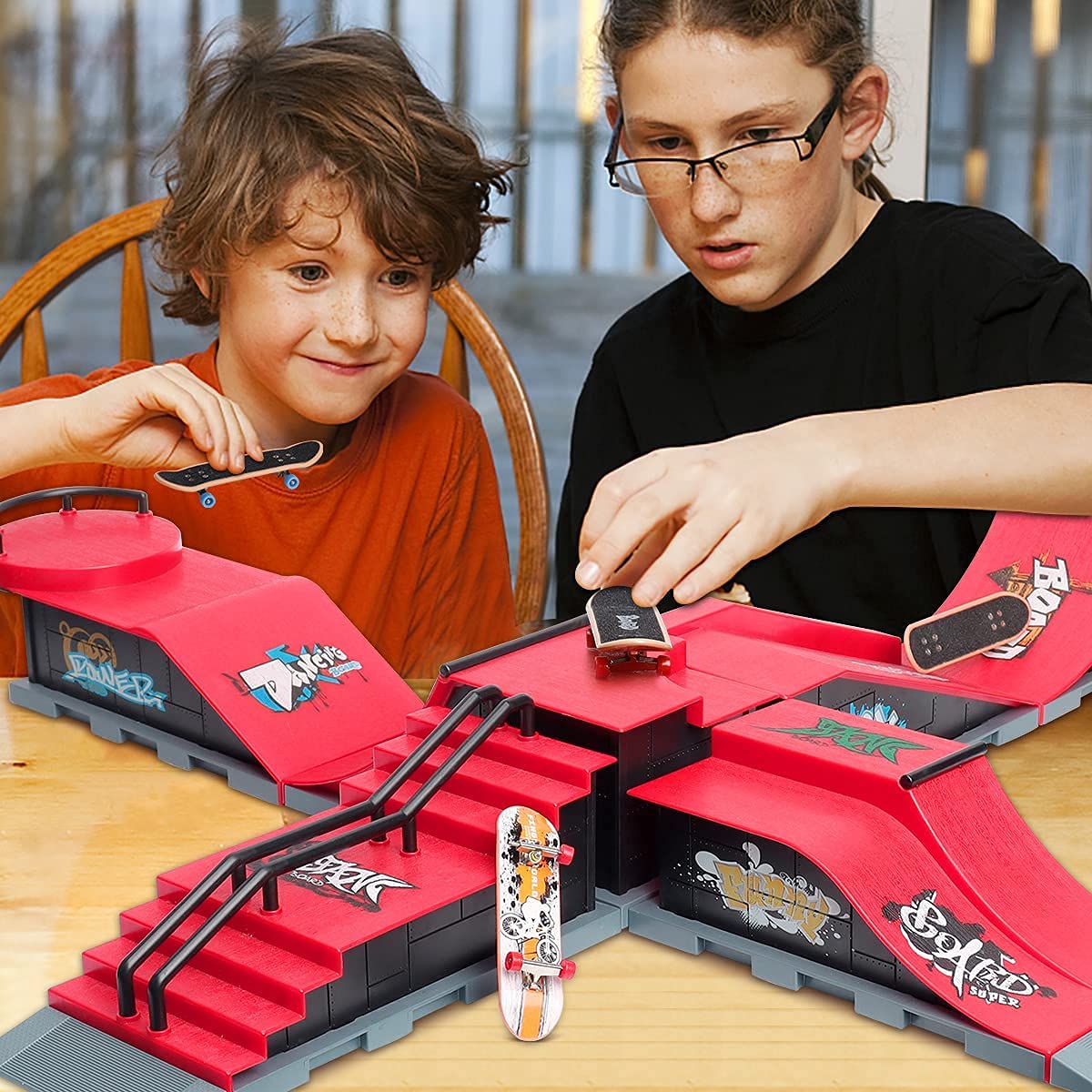 Rngodo Fingerboard Skatepark Skate Park Kit, 6-In-1 Finger Skateboard Ramp Set Ultimate Parks Training Props With 6 Finger Skate