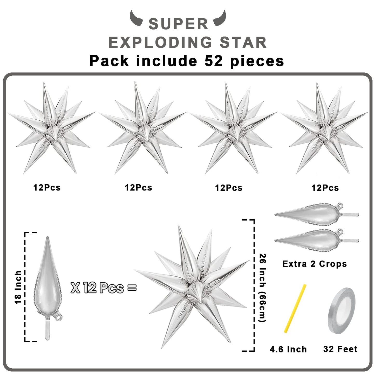 Funtoob Silver Star Balloons Metallic Star Foil Balloons Silver Star Cone Balloons Starburst Balloon Spike Balloons For Birthday