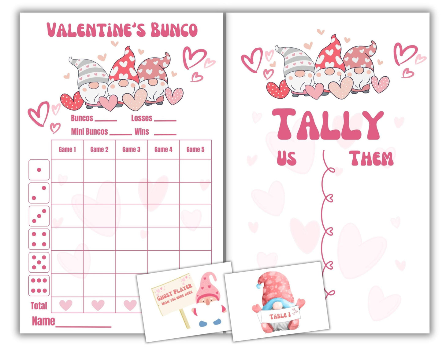 Bunco Valentine'S Day Theme Set. Gnome Vday Themed Bunco Game Kit Includes Score Sheet, Tally Sheet, Ghost Player, Bunco Card. F