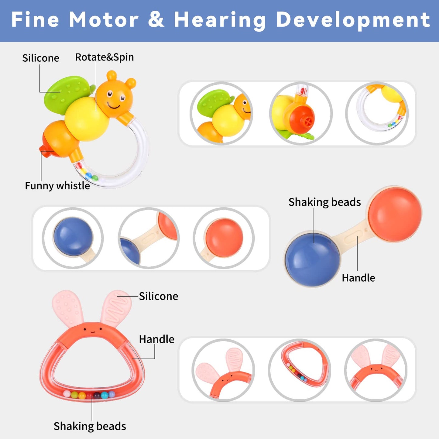 Moontoy Baby Rattles Teether Set Toys For 0 1 2 3 4 5 6 7 8 9 10 11 12 Month Old Baby Boy Girl, 9Pcs Baby Toys Sensory Toys Early Development Newborn Birthday Gifts Infant Toys 0-3-6-12 Month