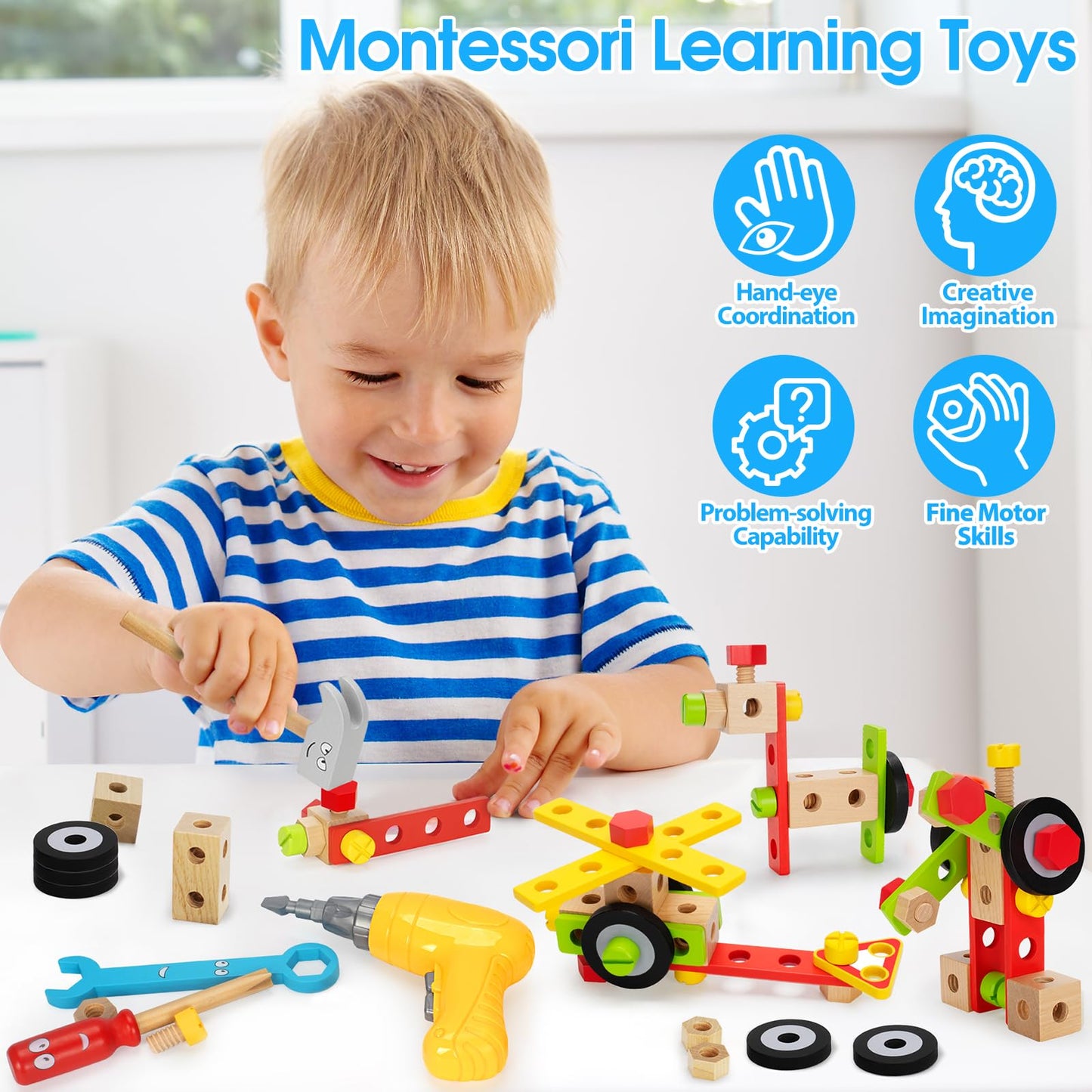 Kids Tool Set Toys for 3, 4, 5, 6, 7 Year Old Boys, Wooden Toddler Tools Set with Electric Drill & Tool Box, Montessori STEM Edu