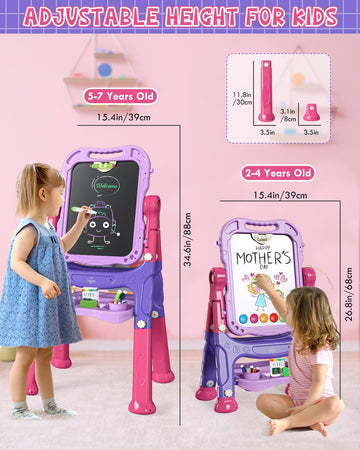 Lehoo Castle Easel for Kids, 4 in 1 Double Sided Kids Art Easel with Magnetic White Board & Chalk Board, Adjustable Standing Tod