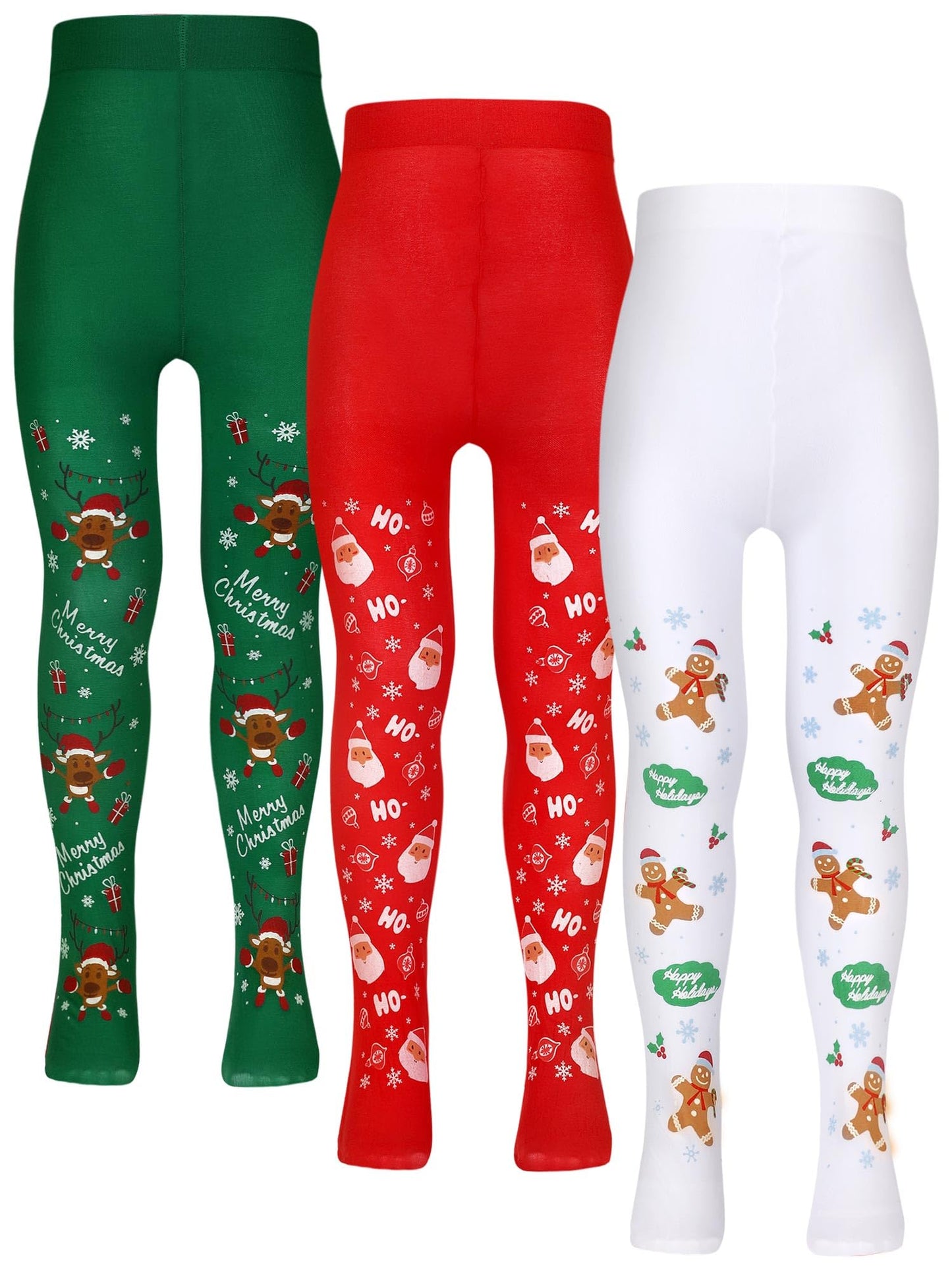 Bencailor 3 Packs Girls Christmas Tights Set Little Girls Christmas Stockings Xmas Footed Leggings For Girls 5-10 Years Old(Sant