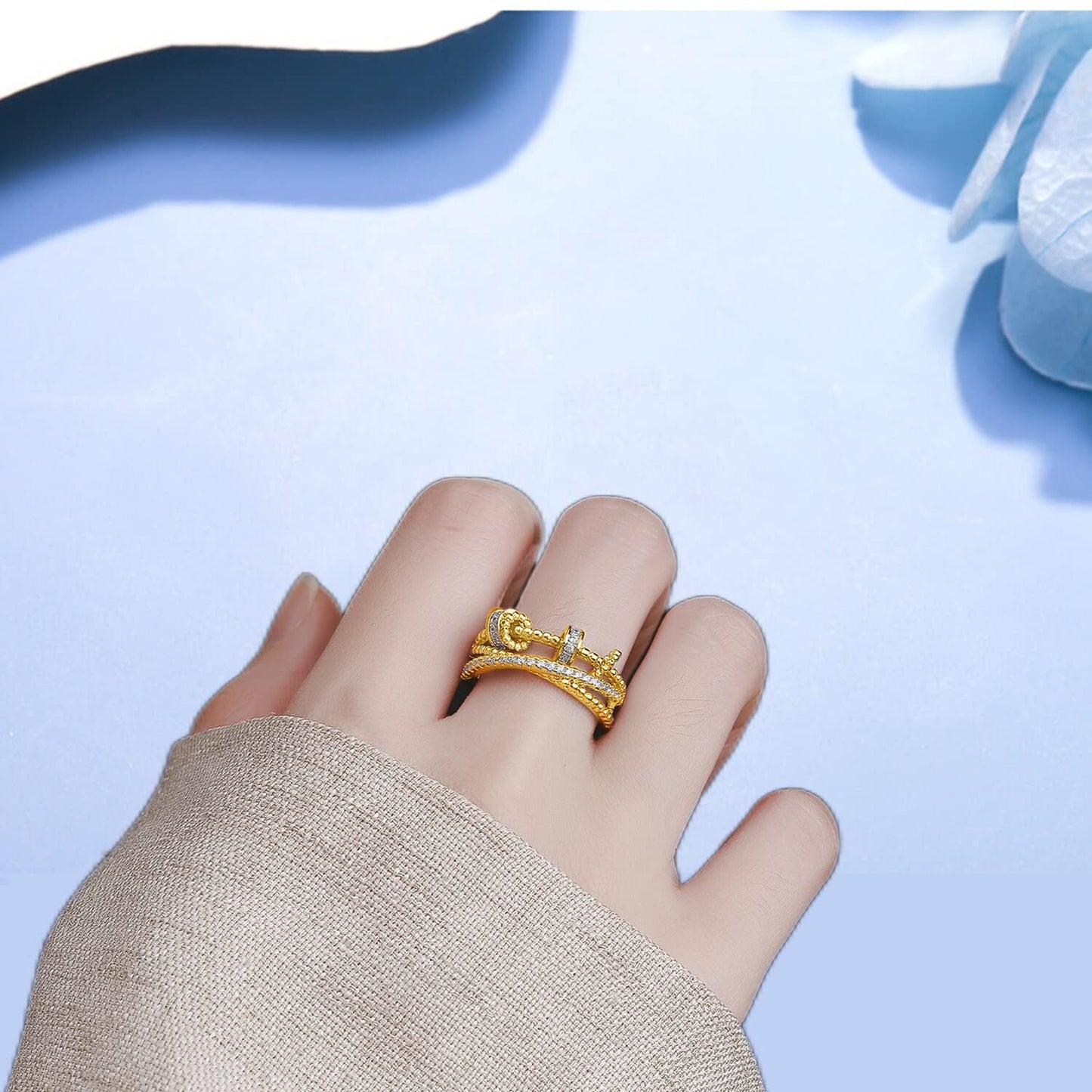 Askljeby Anxiety Ring for Daughter, 18K Gold Fidget Ring for Daughter from Mom to My Daughter Cubic Zirconia Adjustable Thumb St