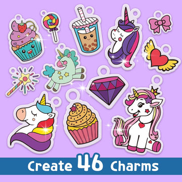 Yrinfay 89PC DIY Unicorn Shrinking Plastic Art Kit - 46 Pre-Cut Shapes, 12 Markers & Accessories - Make Charms, Keychains & Tags