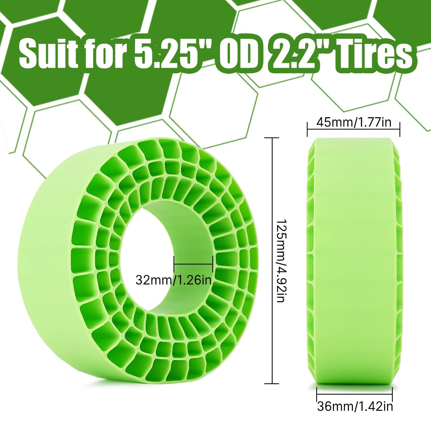 Injora 4Pcs Silicone Rubber Insert Foam For 132-134Mm (5.25'' Od) 2.2'' Tires(Green)