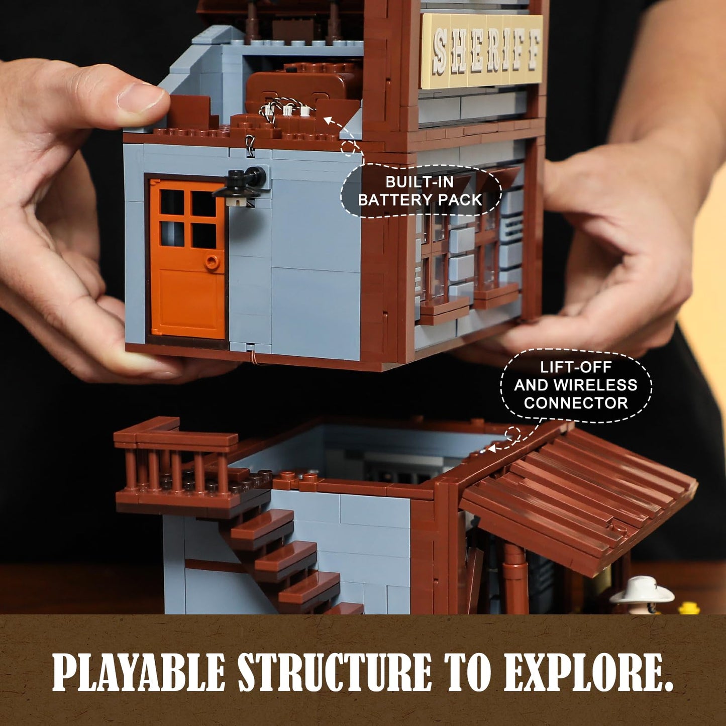 Funwhole Sheriff'S-Office Lighting Building-Bricks Set - The Old West Sheriff'S Office Led Light Construction Building Model Set 1240 Pcs For Adults And Teen