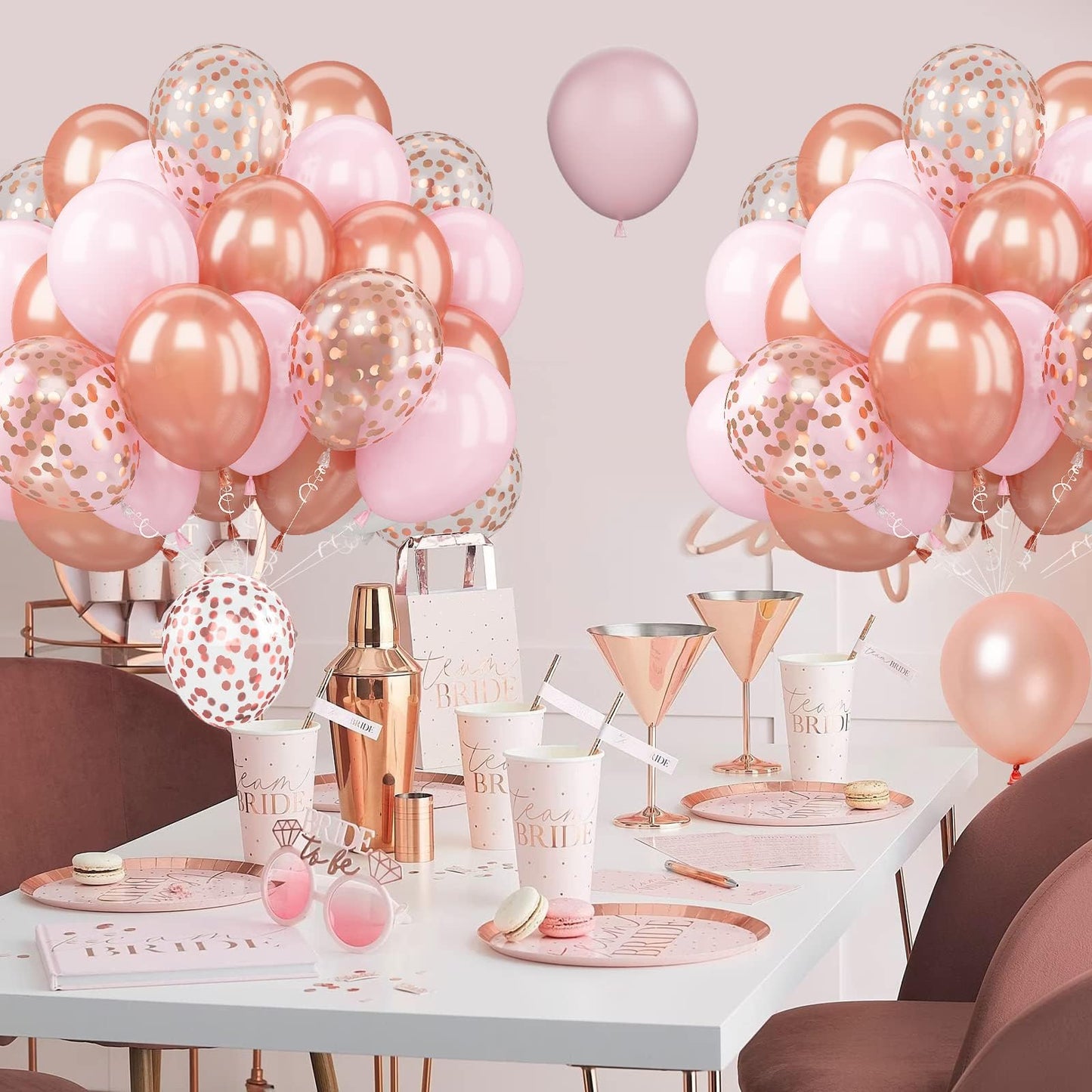 Rose Gold Pink Balloons, 60 Pcs 12 Inch Rose Gold Pastel Pink Birthday Balloons With Rose Gold Confetti Balloons, Pink Helium Ba