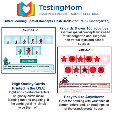 Testingmom.Com Gifted Learning Flash Cards – Visual Spatial Concepts For Pre-K – Kindergarten – Educational Practice For The Nnat Test, Cogat Test, Olsat, Wppsi, And More!