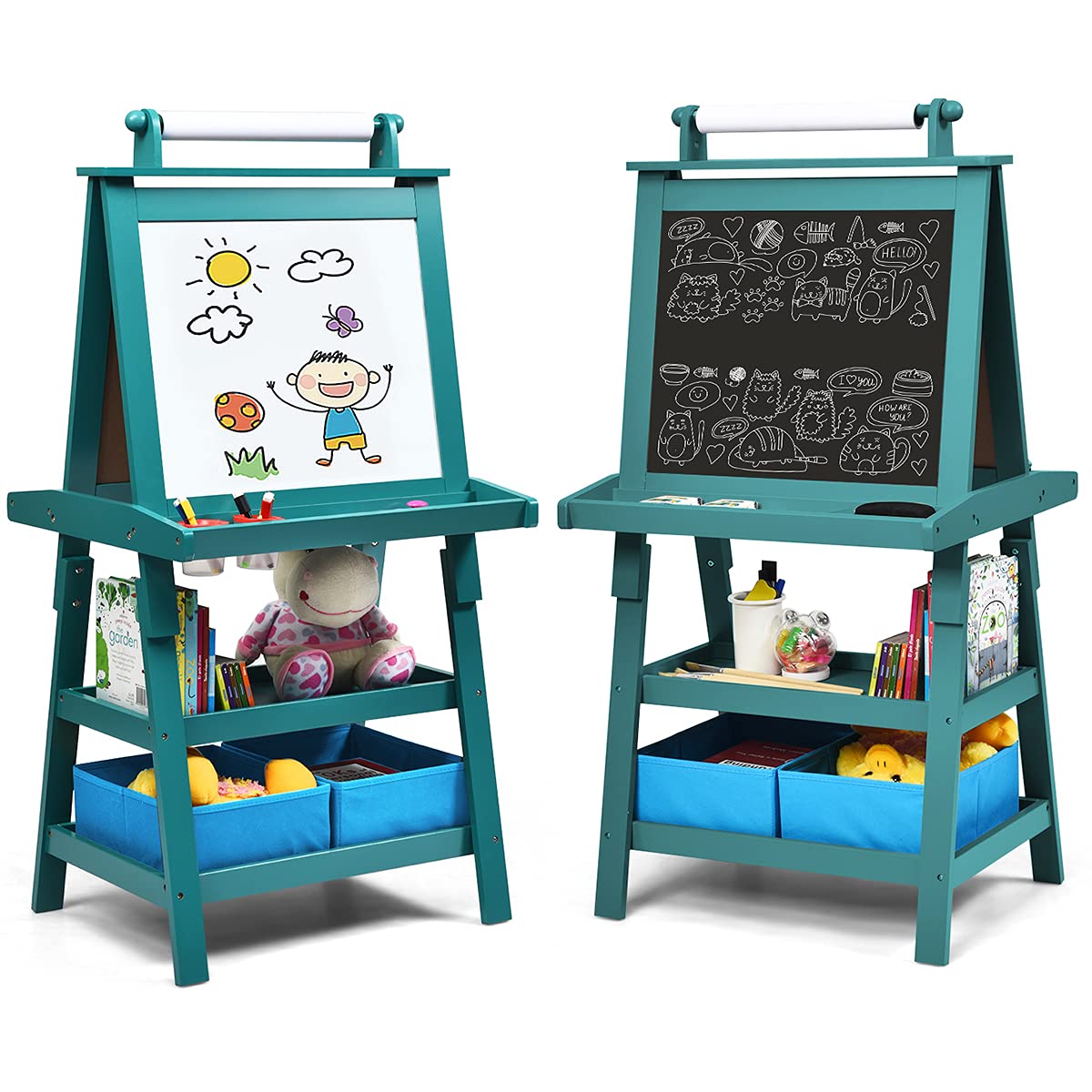 Costzon Kids Art Easel, 3 In 1 Double-Sided Wooden Easel W/Magnetic Whiteboard, Chalkboard & Paper Roll, 2-Tier Rack W/ 2 Storage Boxes, Standing Easel For Kids, Toddlers, Boys, Girls (Blue)