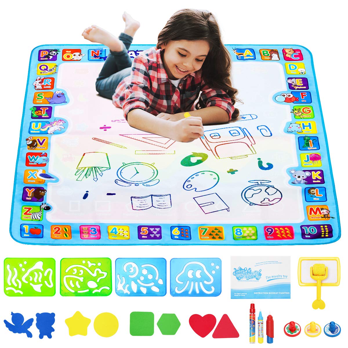 Water Magic Mat, Wiwaplex Large Water Colorful Mat, 40X40 Inch Kids Painting Writing Mat Board Toy - No Mess Drawing Mat With 21