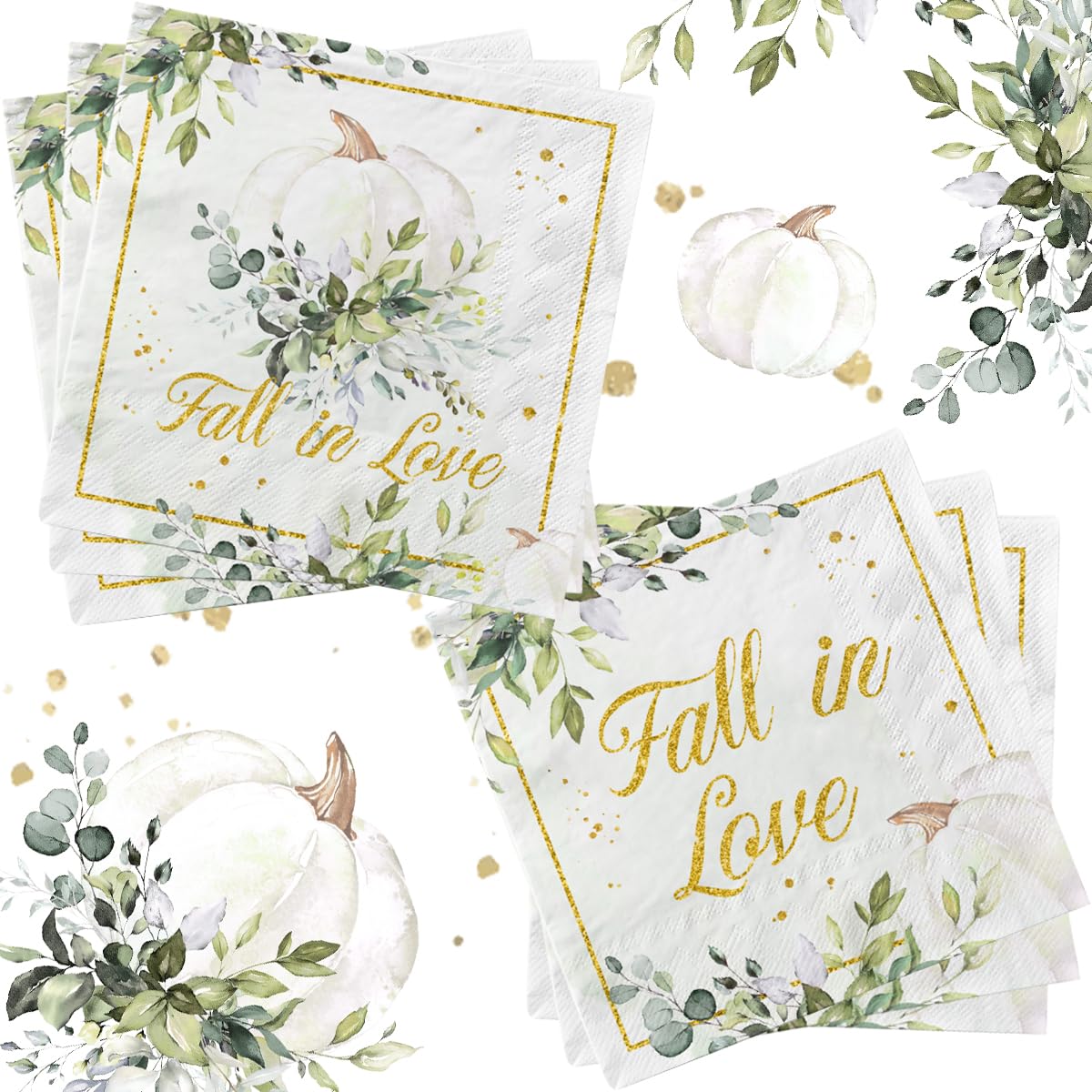 40Pcs Fall In Love Napkins-Fall Bridal Shower Decorations, Disposable Green Pumpkin Paper Fall Wedding Shower Dinner Napkins For