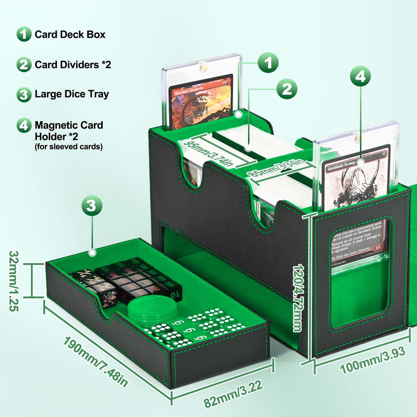 Uaono Card Deck Box For Mtg, Double Card Storage Box With 2 Commander Display & 1 Dice Tray, Fits 200+ Double Sleeved Cards, Card Organizer For Ccg Tcg Sports Cards (Black Green)
