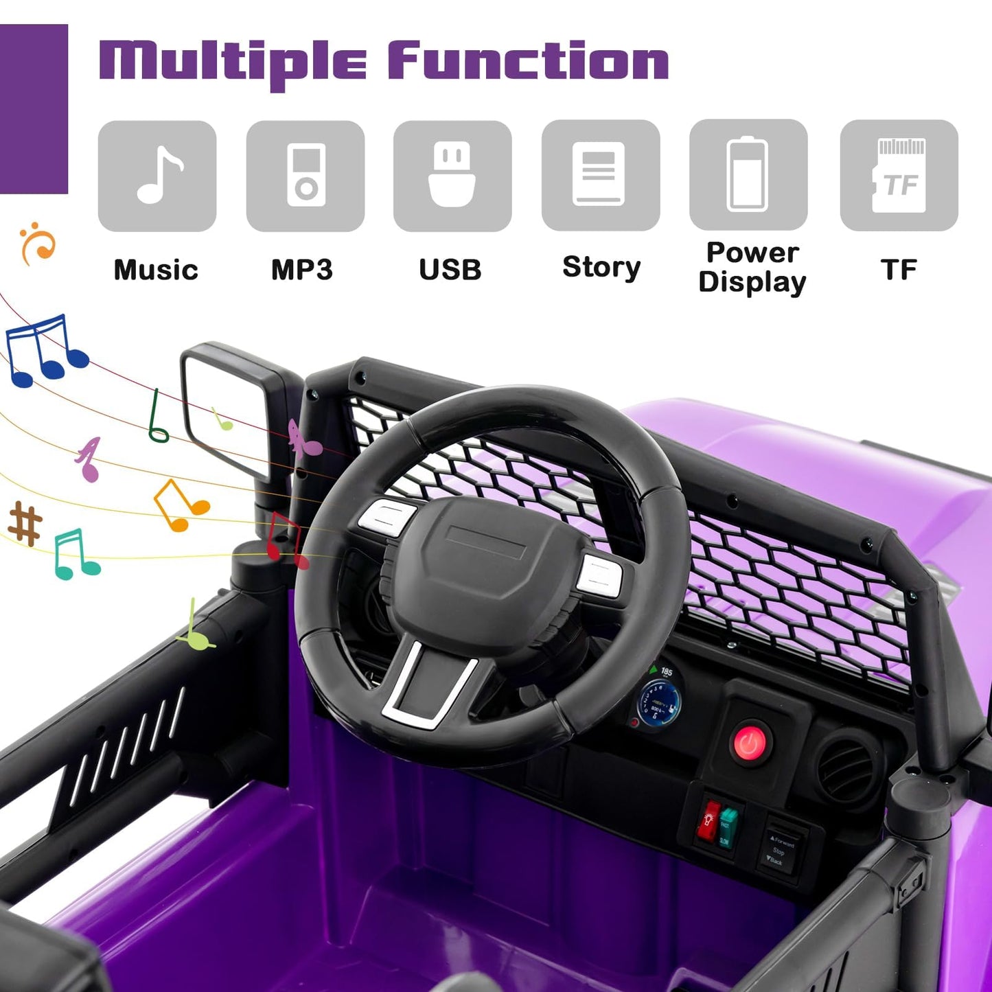 Olakids Kids Ride On Truck, 12V Electric Vehicle Jeep Car With Remote Control, Toddlers Battery Powered Toy With 2 Speeds, Spring Suspension, Double Open Doors, Led Light, Music, Tf, Usb, Mp3 (Purple)