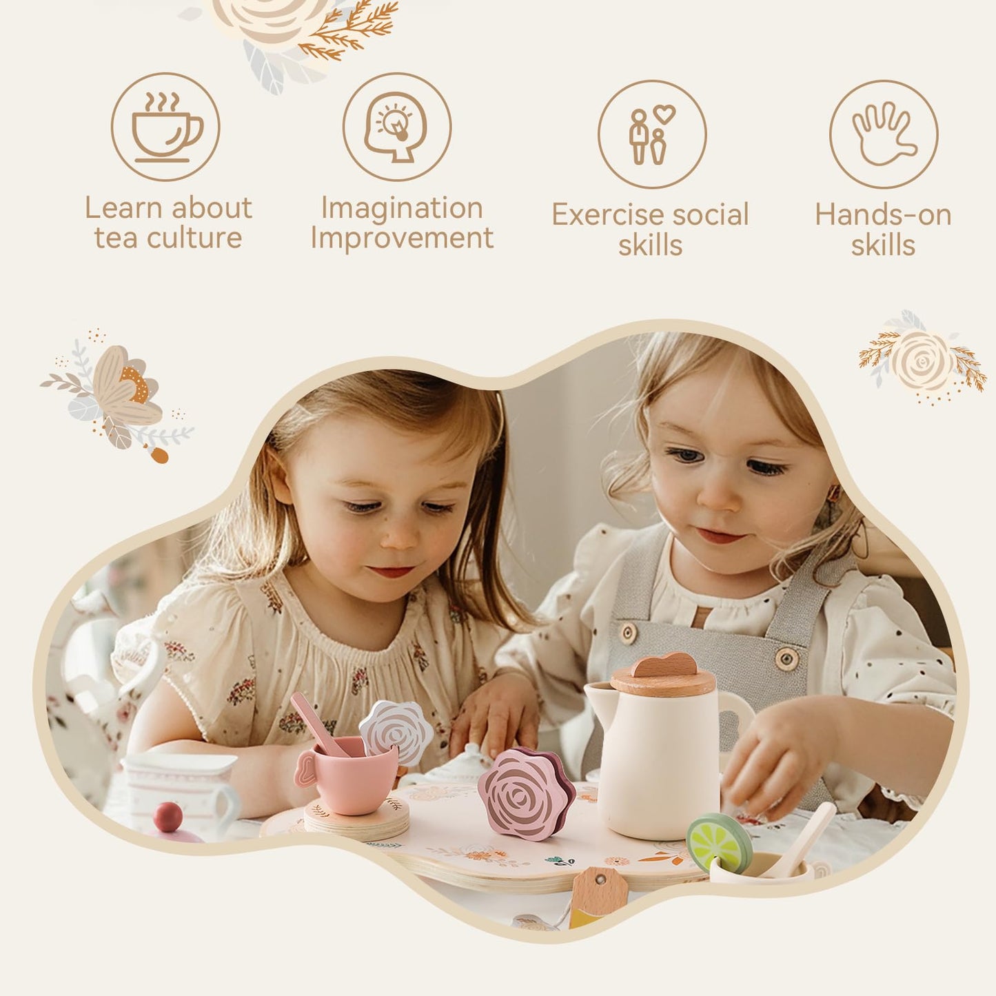 Tea Party Set for Kids - Wooden Tea Set for Little Girls 15PCS Silicone Toddler Tea Set Kitchen Accessories Pretend Play Toy Tea