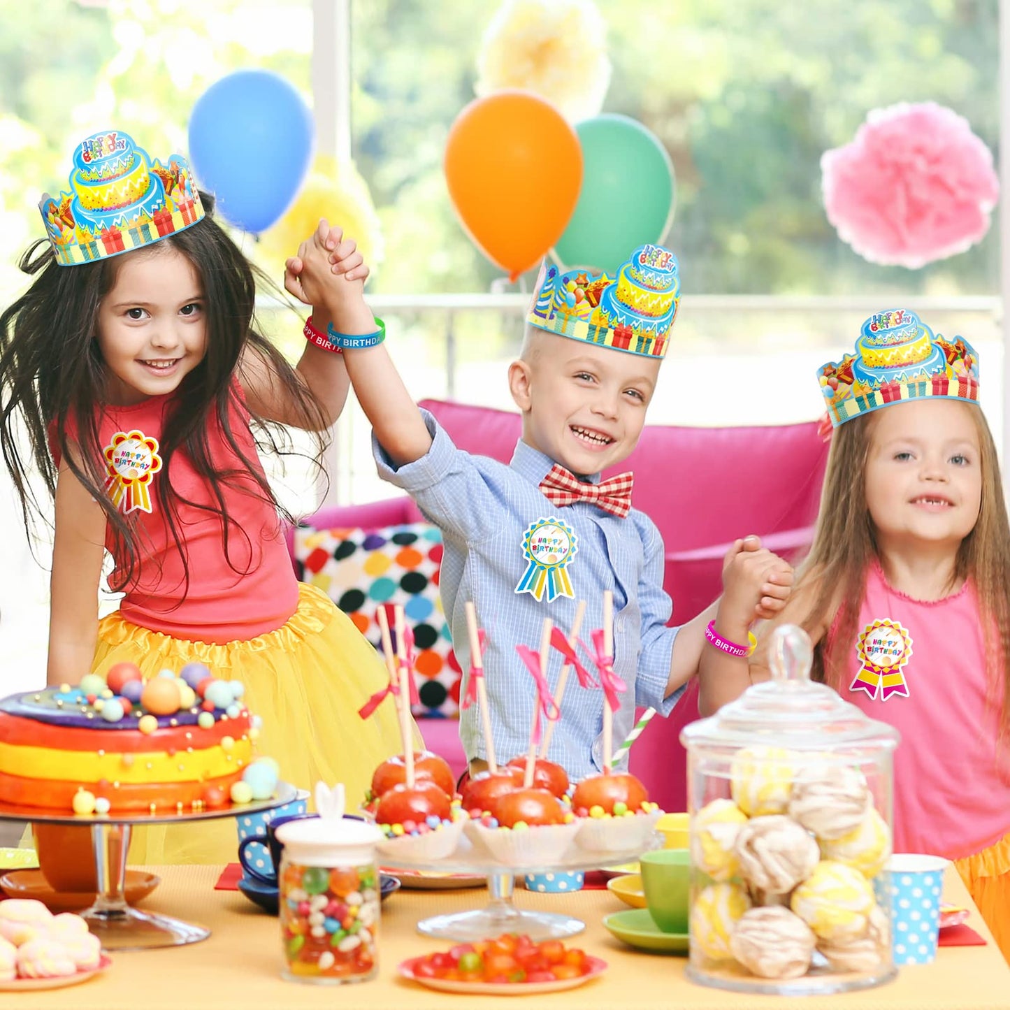 90 Pcs Happy Birthday Kits for Kids Classroom, Include Happy Birthday Crowns, Silicone Stretches, Badge Stickers, Students Kinde