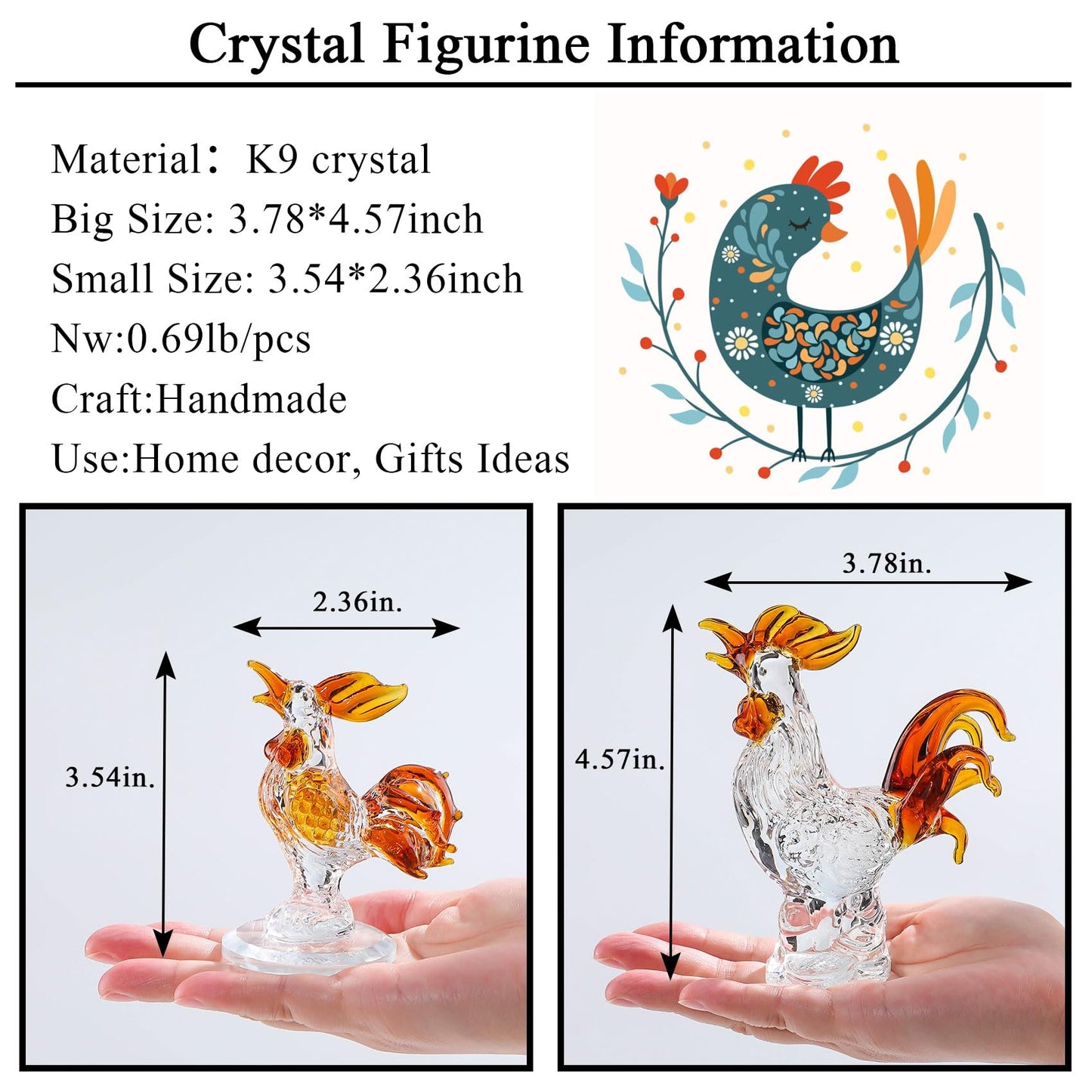 Movdyka 2Pc Brown Crystal Chicken Rooster Figurine Table Art Sculpture Decor Hand Blown Glass Farm Animal Table Ornament Decoration Statue Rooster Gifts For Women