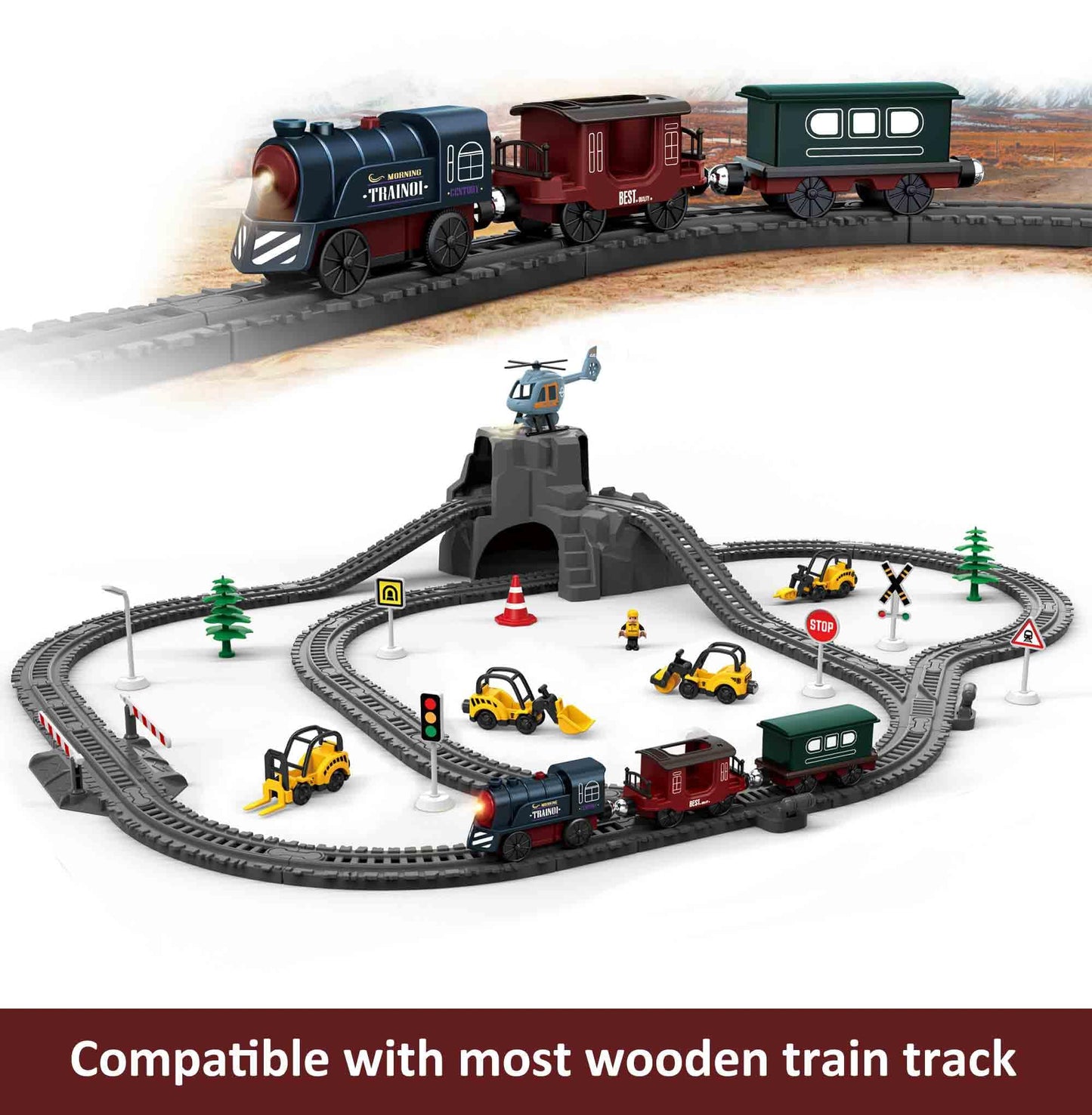 Battery Operated Train For Wooden Track, 3Pcs Train Toy Set For 3 4 5+Years Old Boy Girl Toddlers, Motorized Train Accessories Electric Train Compatible With Thomas & Friends, Brio And Chuggington