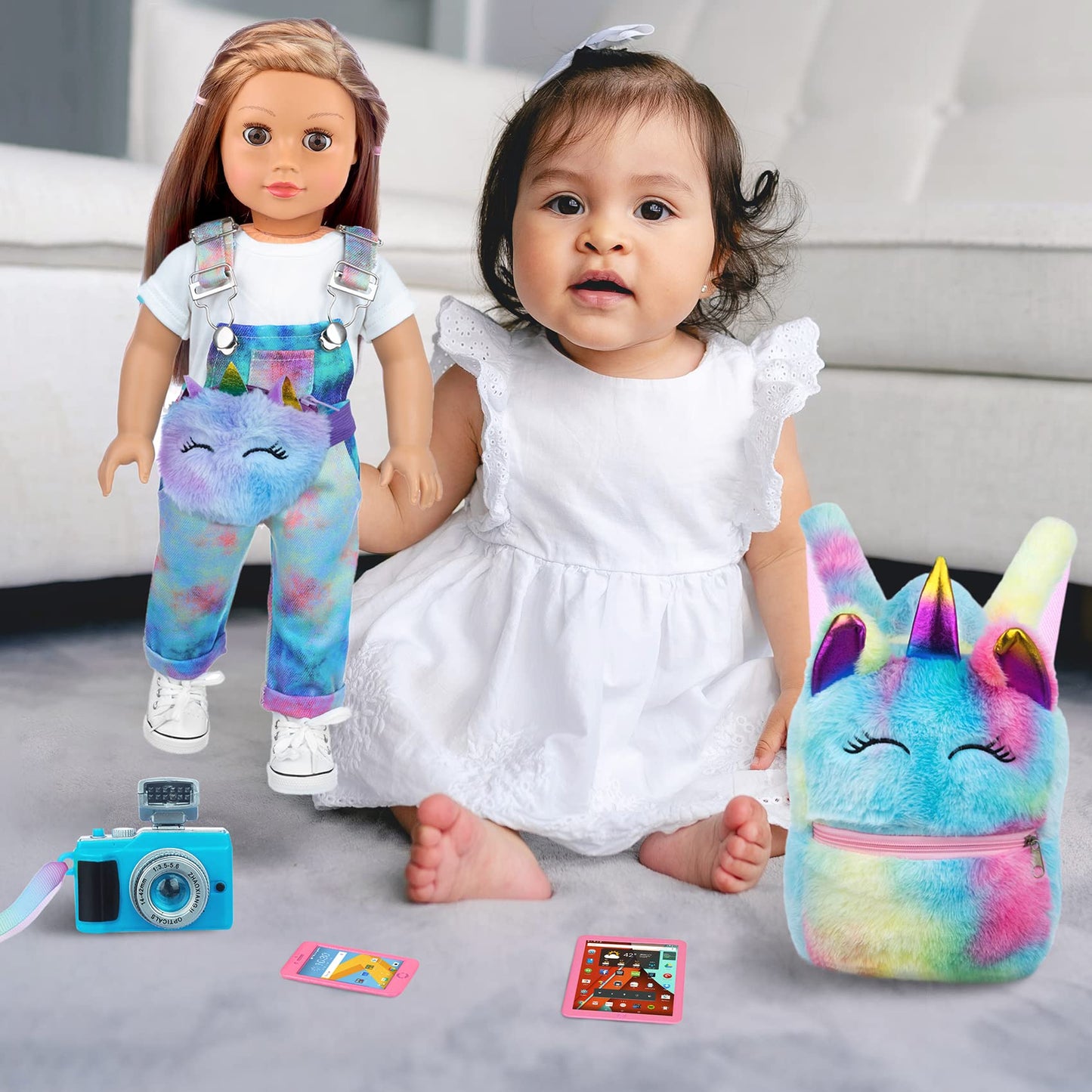 Zita Element 7 Pcs American 18 Inch Doll Clothes And Accessories - 18 Inch Doll Clothes Set With Doll Backpack,Waist Bag,Cell Phone,Tablet Phone,Camera (No Doll)