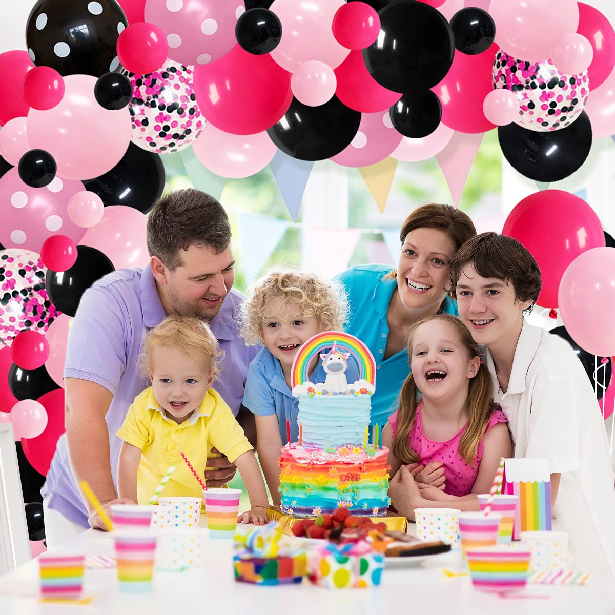 Rose Red Black Pink Balloon Garland Arch Kit - 122Pcs Hot Pink, Black, Rose Red Confetti Balloons For Princess Girl Birthday Wed