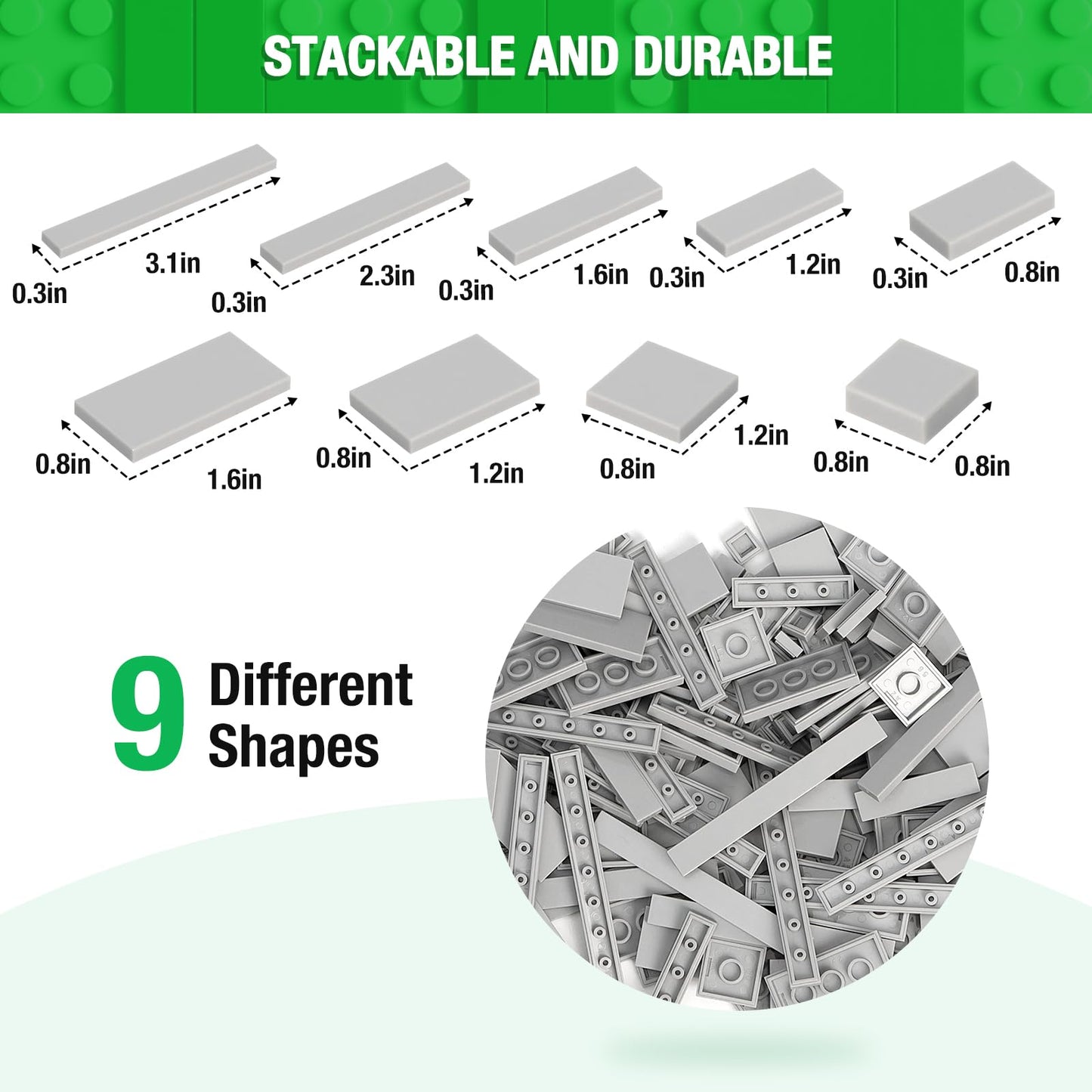 Classic Moc 9 Sizes Expansion Set - 1200 Flat Pieces, Compatible With Lego, Light Grey