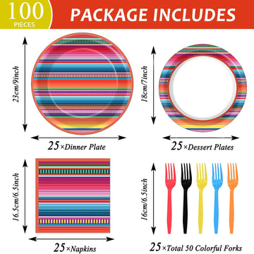 100Pcs Mexican Serape Fiesta Party Plates And Napkins Party Supplies Colorful Stripes Mexico Platters Tableware Set Party Decor