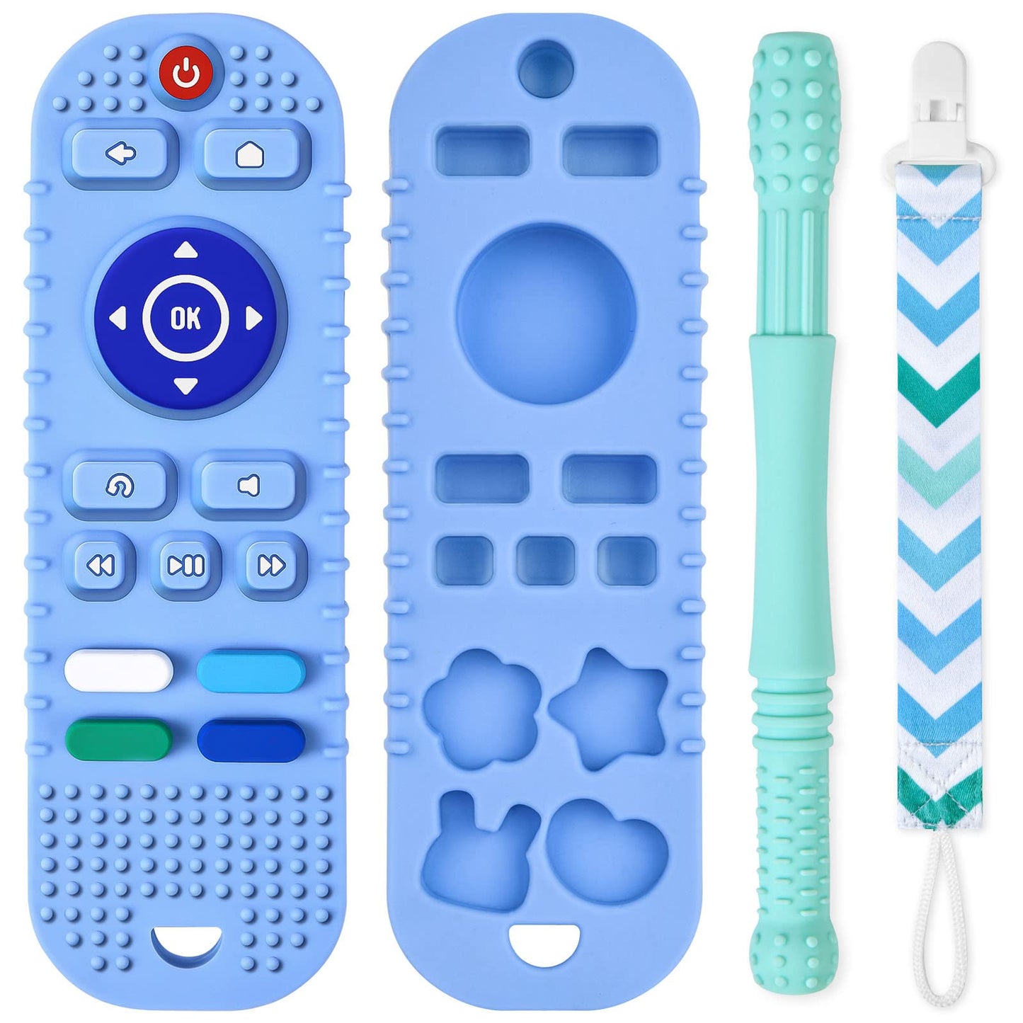 Baby Teether Toys Silicone, Remote Control Shape Teething Toys With Hollow Teether Tube And Pacifier Clip, Silicone Baby Teething Toys For 3 Months+, Bpa Free Baby Teething Toys (Blue)