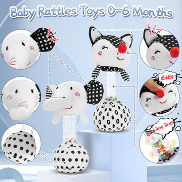 Fpvera Baby Soft Rattles Shaker: Infant Developmental Hand Grip Baby Toys, High Contrast Black And White Newborn Sensory Toys Rattle Toy 0 3 6 9 12 Months For Babies Boys Girls Shower Gift, 2Pcs