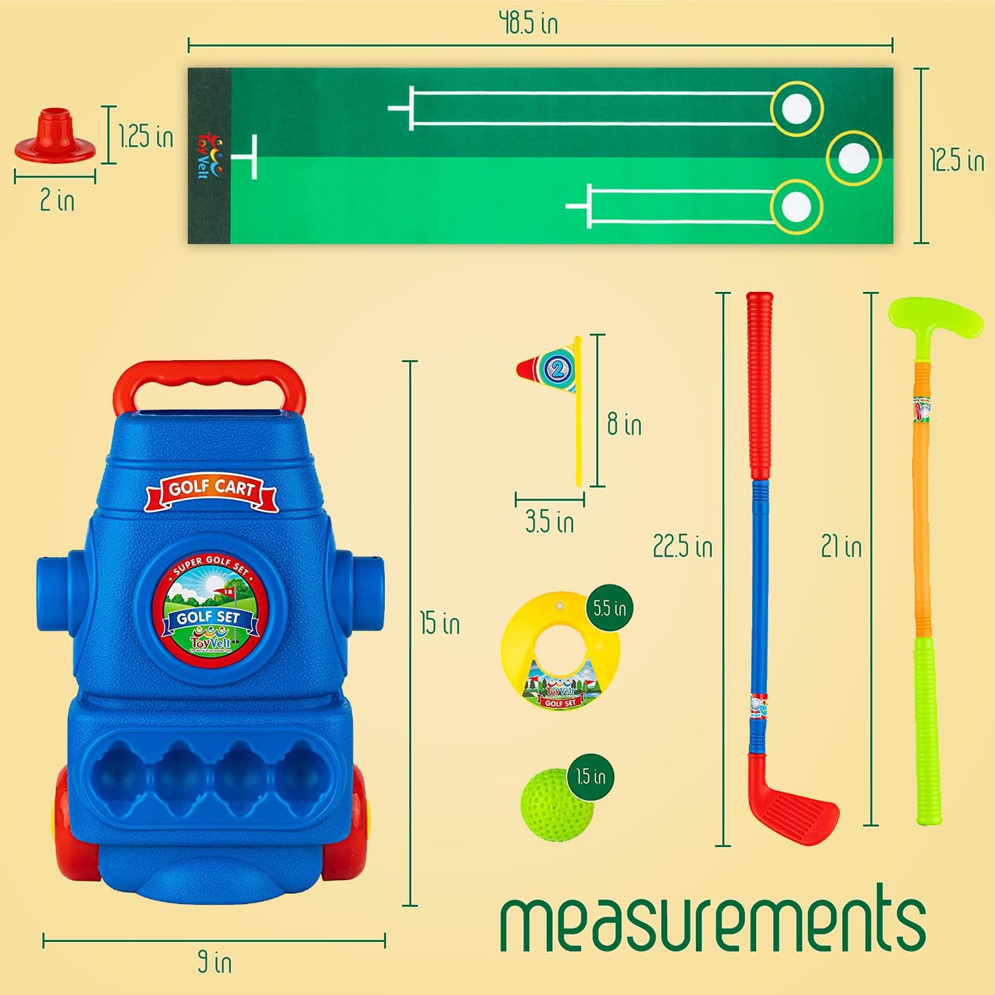Toyvelt Toddler Golf Set - Kids Golf Clubs With 6 Balls, 4 Golf Sticks, 2 Practice Holes And A Putting Mat - Promotes Physical &