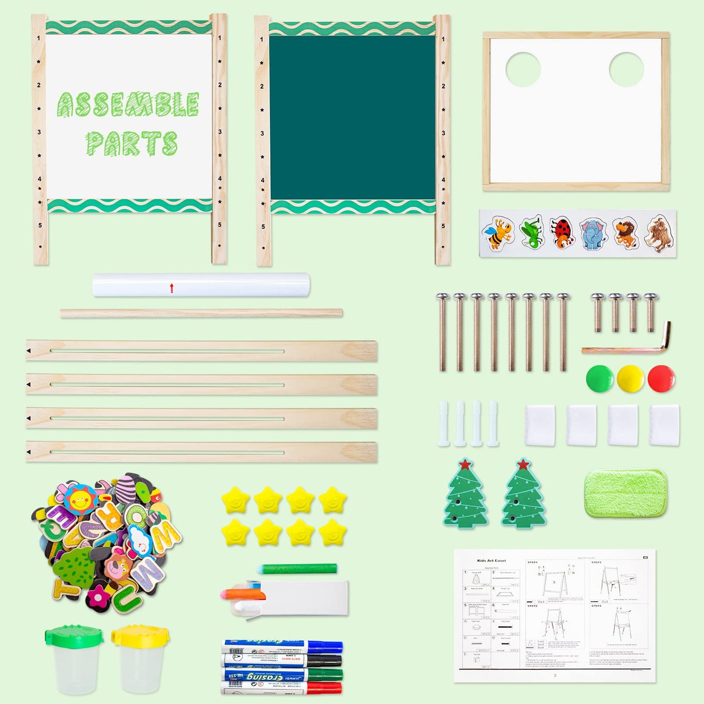 Kids Easel With Paper Roll Wooden Art Easel With Chalkboard & White Board Painting Accessories Storage Tray Double-Sided Board H