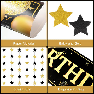 Blosssound Happy Birthday Door Decorations Golden Door Cover Banner Black and Gold Hanging Star Garland Porch Sign Backdrop Door