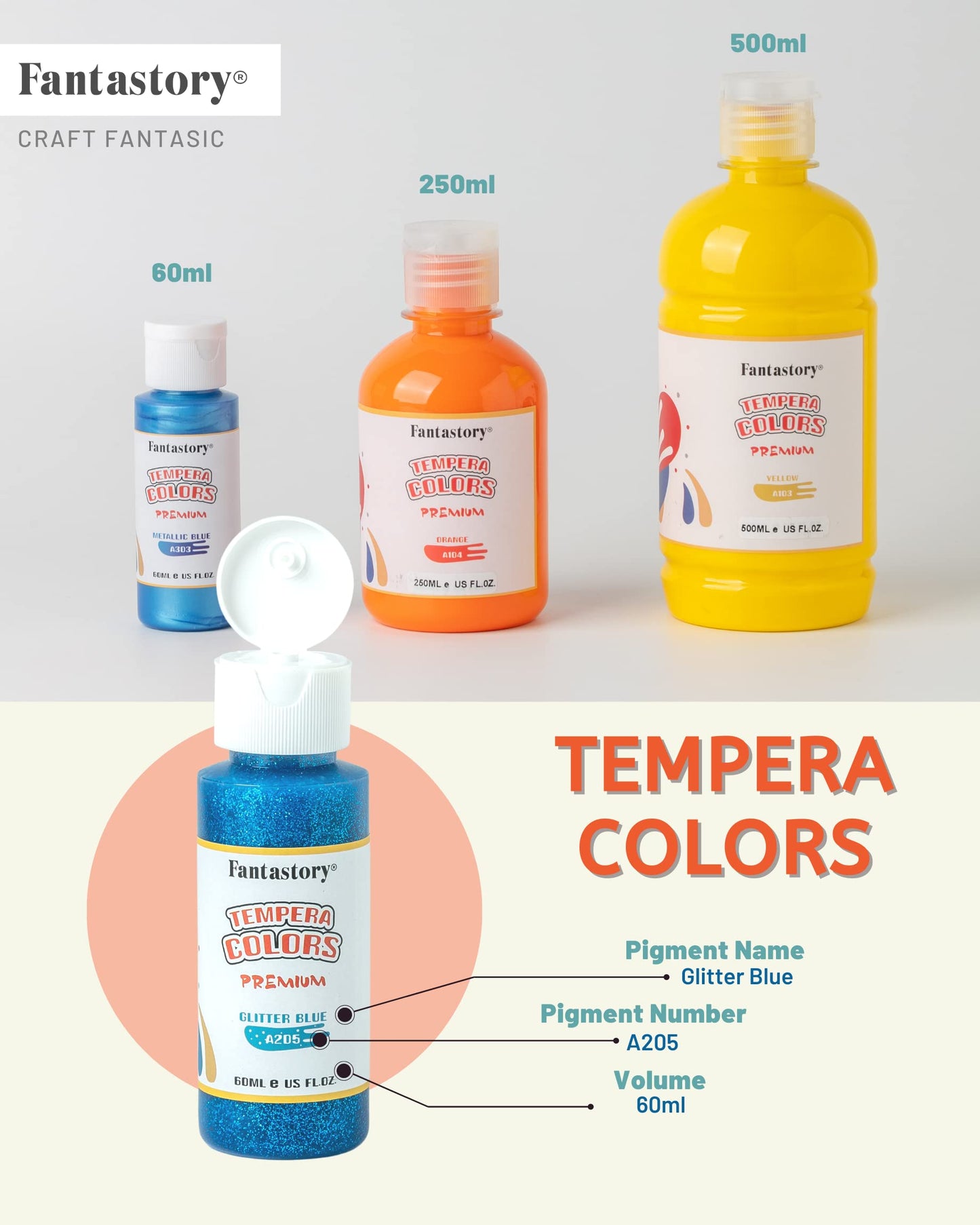 Fantastory Tempera Paint For Kids 24 Colors (2 Oz Each) Washable Tempera Paint, Kids Poster Paint Sponge Painting, Non-Toxic Kid