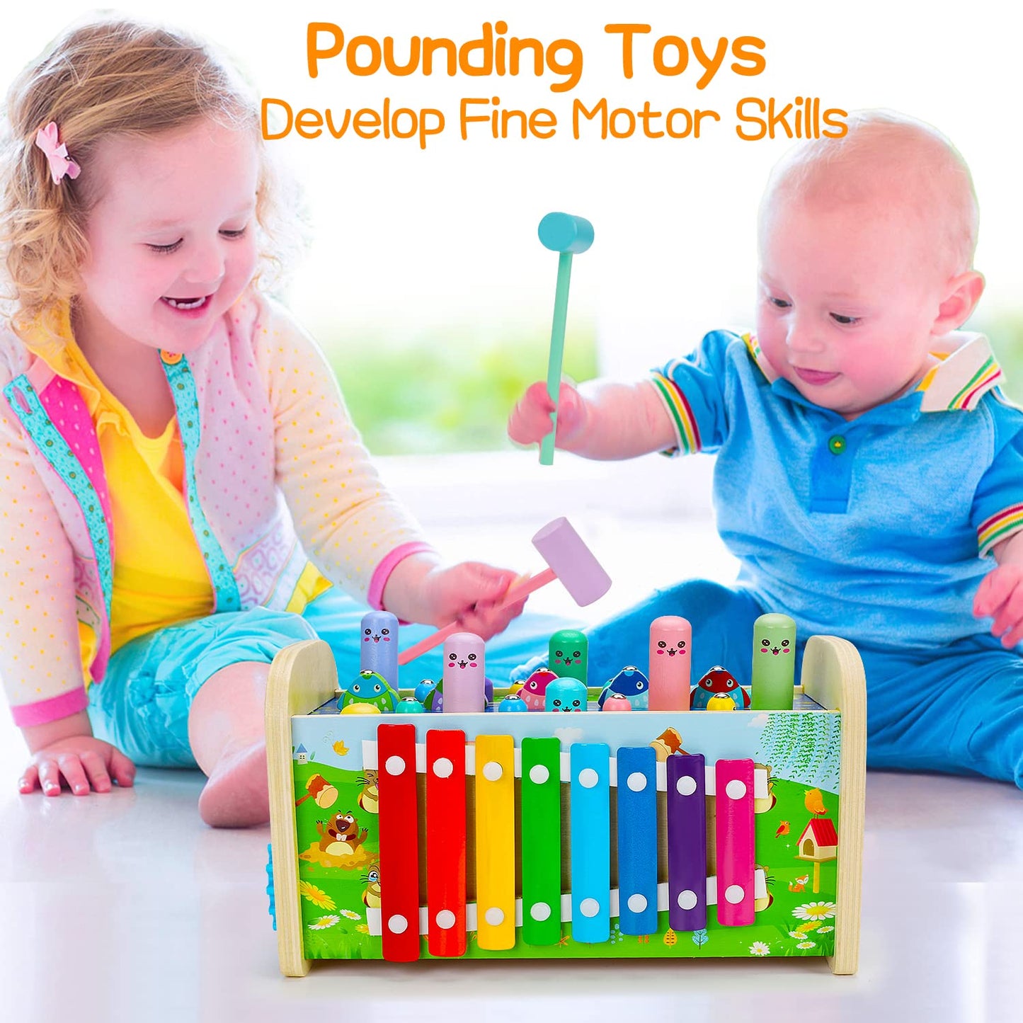 Educational Wooden Montessori Toys For 1 Year Old Age 2 3 Toddler Sensory Toy Developmental Learning Hammering Pounding Toys Xylophone Fine Motor Skill Toy 1-3 Preschool Activity Age 1-2 0-2 Gift
