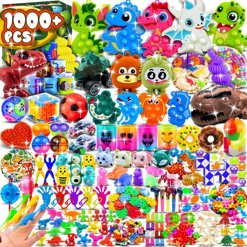1000pcs+ Party Favors for Kids, Treasure Box Toys for Classroom, Dinosaurs Fidget Toys Bulk, Prize Box Toy for Kids, Pinata Stuf