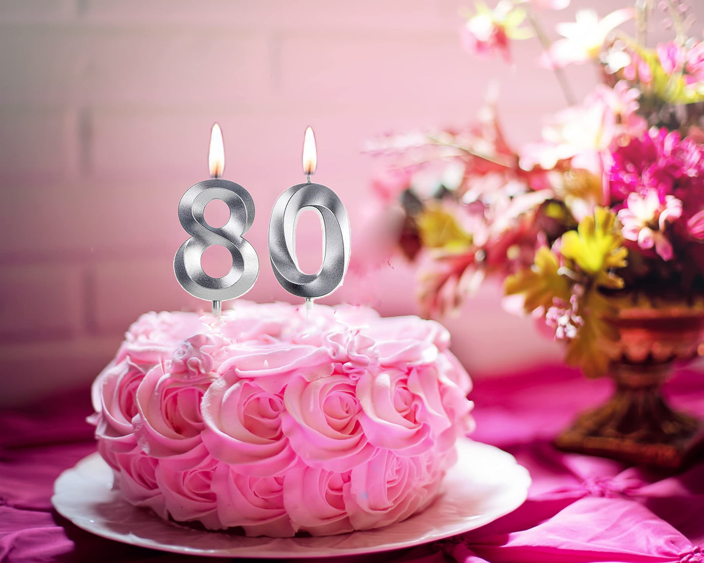 Silver 80th Birthday Candles, Number 80 Cake Topper for Birthday Decorations Party Decoration
