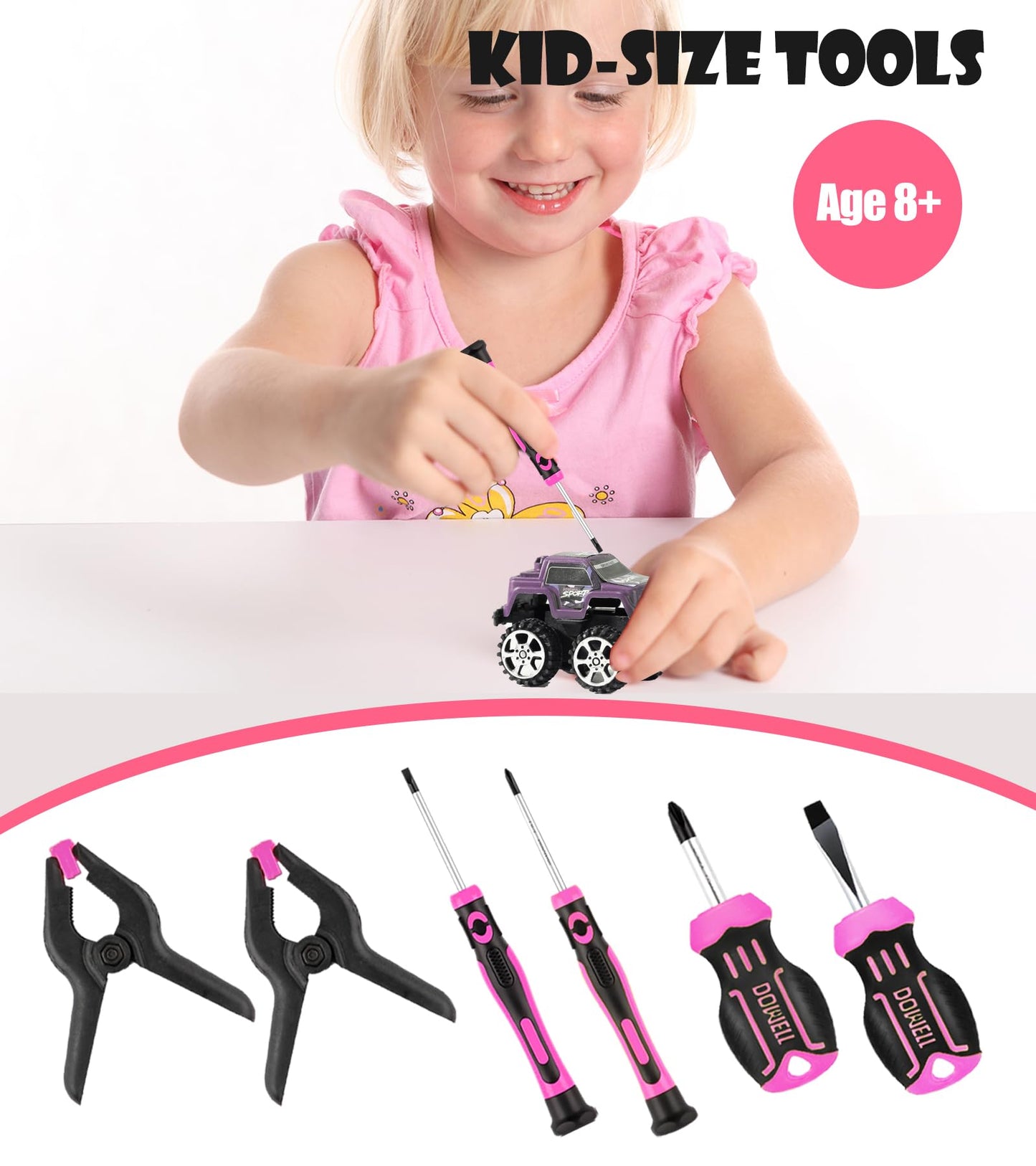 DOWELL Kids Real Tools Pink Tool Set, 14 Pieces, with Tool Bag for Girls