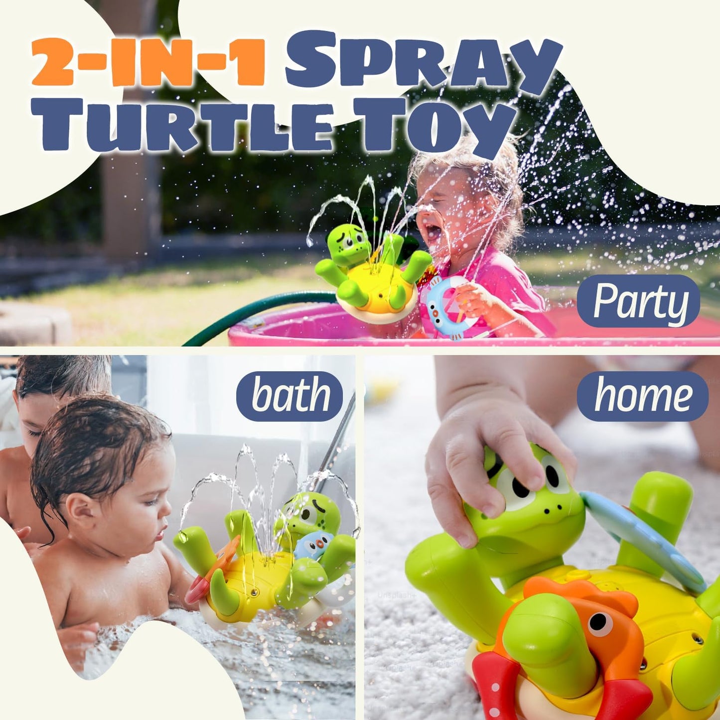 Sizobi Baby Bath Toys, Rechargeable Turtle Bath Toy Sprinkler For Kids Toddler With 5 Rings, Bathtub Fountain Spray Toy For Baby