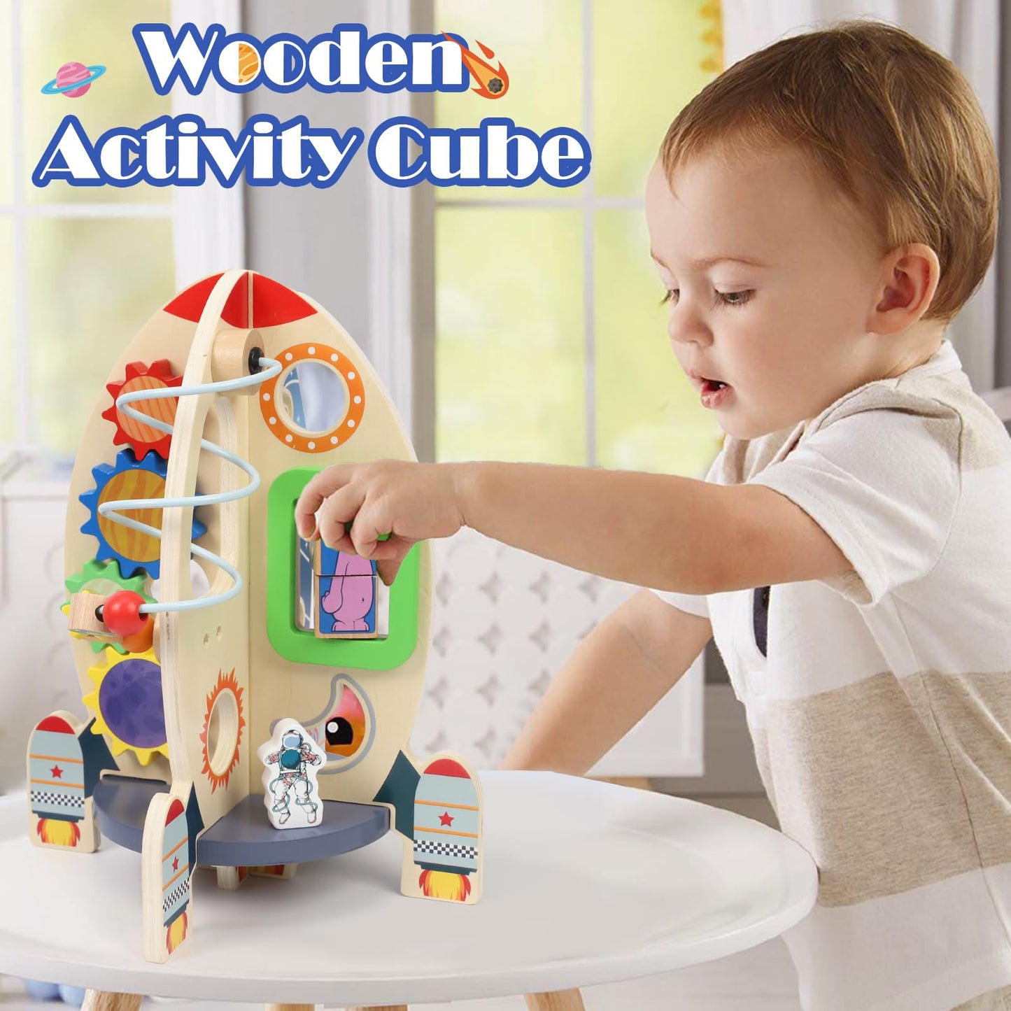 Wdmiya Space Wooden Activity Cube Toys For Baby, Montessori Toys For 1 Year Old Boy & Girl Birthday Gifts, Sensory And Education