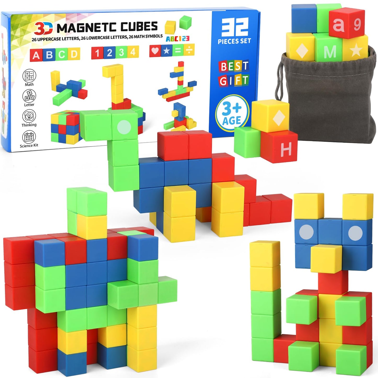 Dilabnba 32Pcs Magnetic Building Blocks For Kids Ages 3-5 4-8, 3D Magnet Cube Montessori Toy, Sensory Preschool Creative Stem Mo