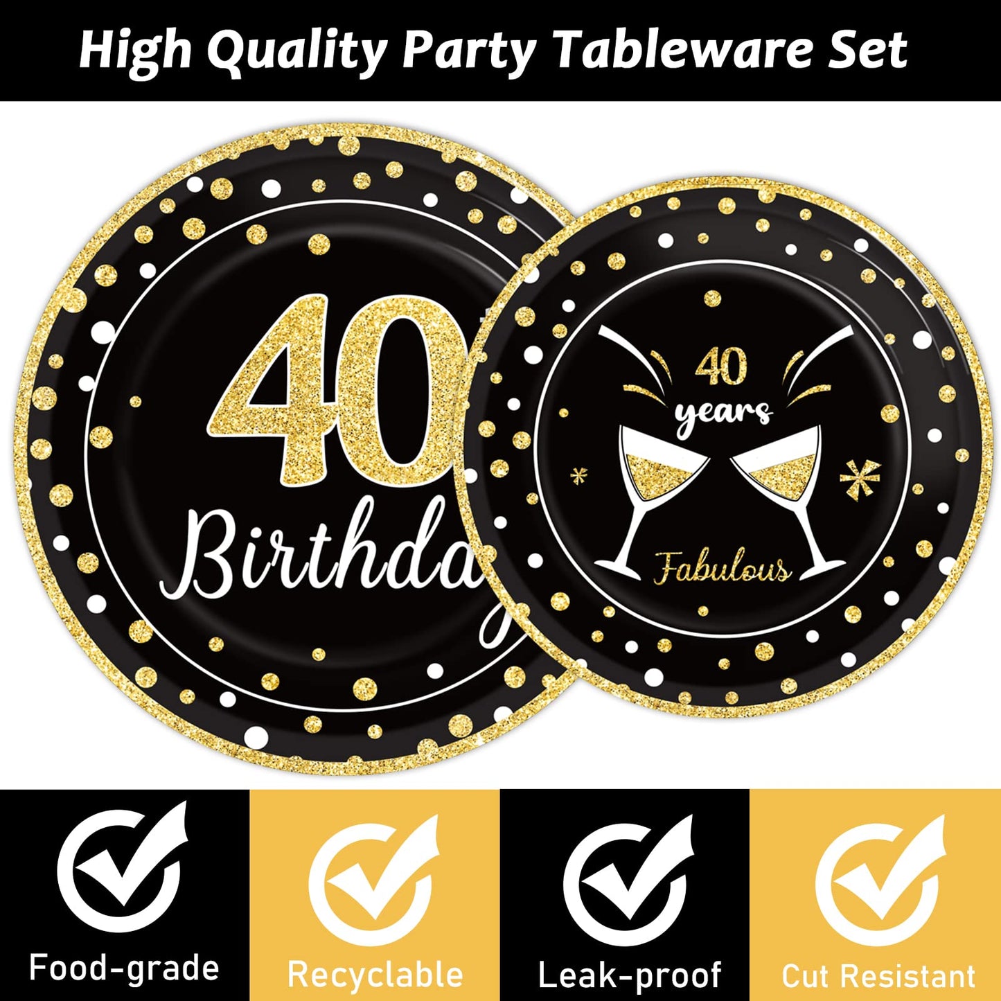 96 Pcs 40Th Birthday Plates And Napkins Party Supplies Black Gold Happy Forty Theme Tableware Set 40Th Birthday Decorations Favo