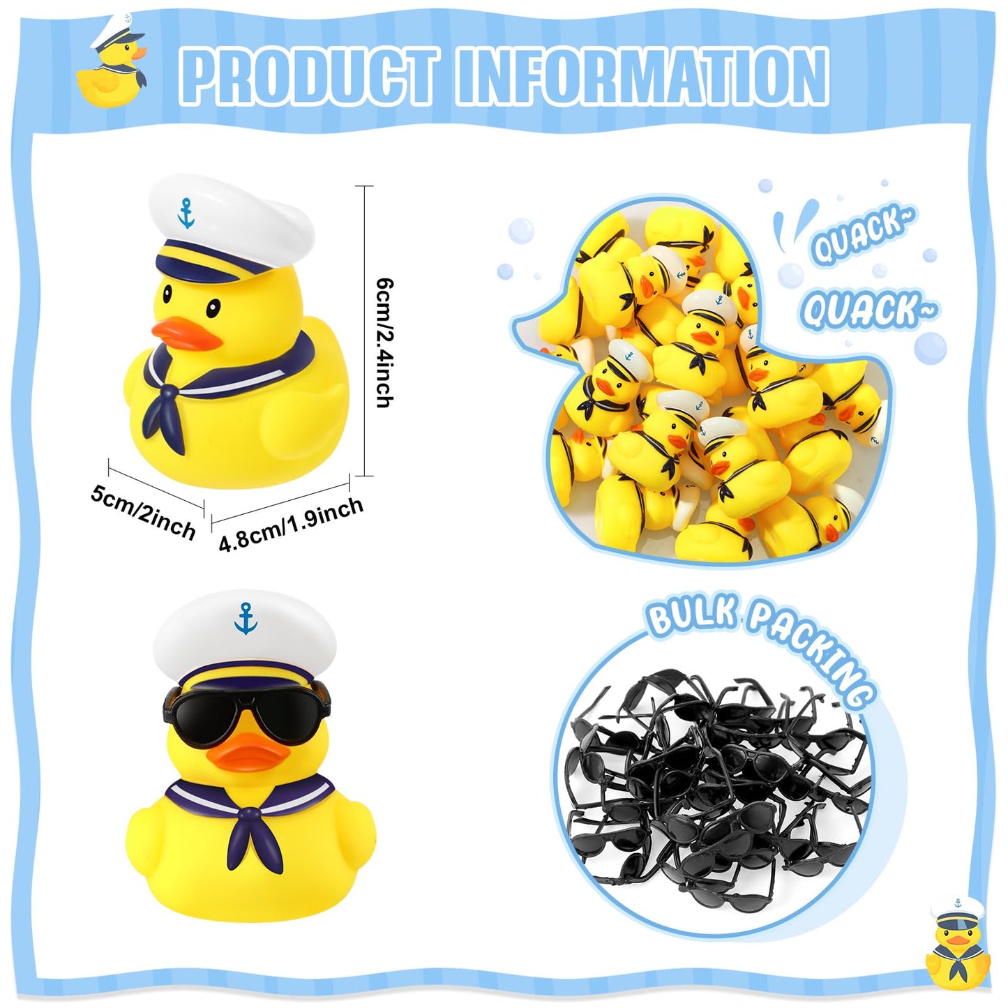Shappy 24 Pcs Cruise Duck Bulk With Sunglasses Sets 2 X 1.9 X 2.4 Inch Mini Sailing Rubber Ducks Summer Cruise Ship Toy Squeaky Bath Party Toy Duckies For Birthday Party Favors (Yellow)