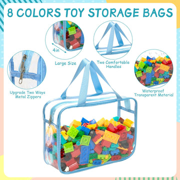 8 Packs 8 Colors Large Toy Storage Bags With Zipper And Labels, Clear Pvc Waterproof Toy Organizers Bags For Board Games, Puzzle