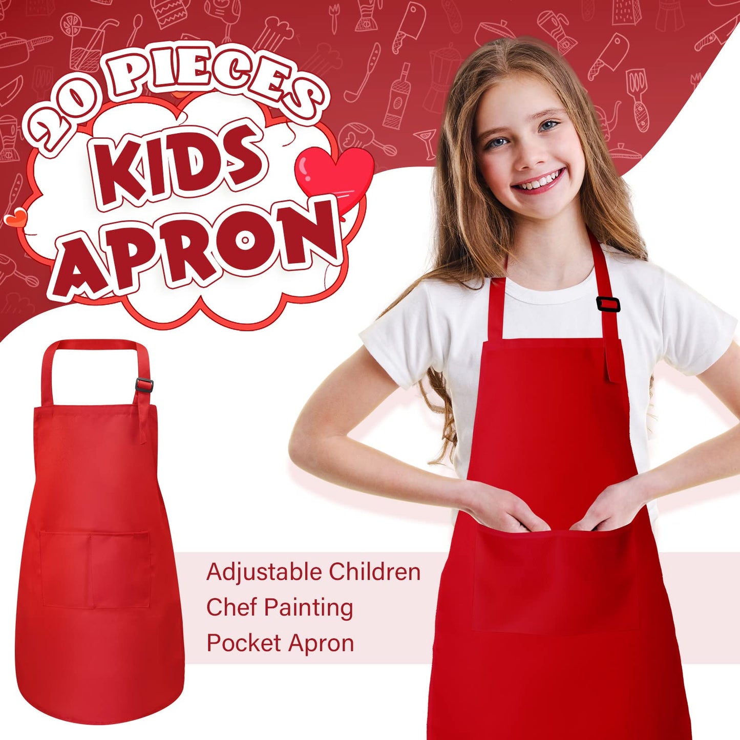 Eurzom 20 Pcs Christmas Kids Artists Aprons With Pockets Adjustable Chef Apron Children Painting Aprons For Cooking Baking(2-6 Y