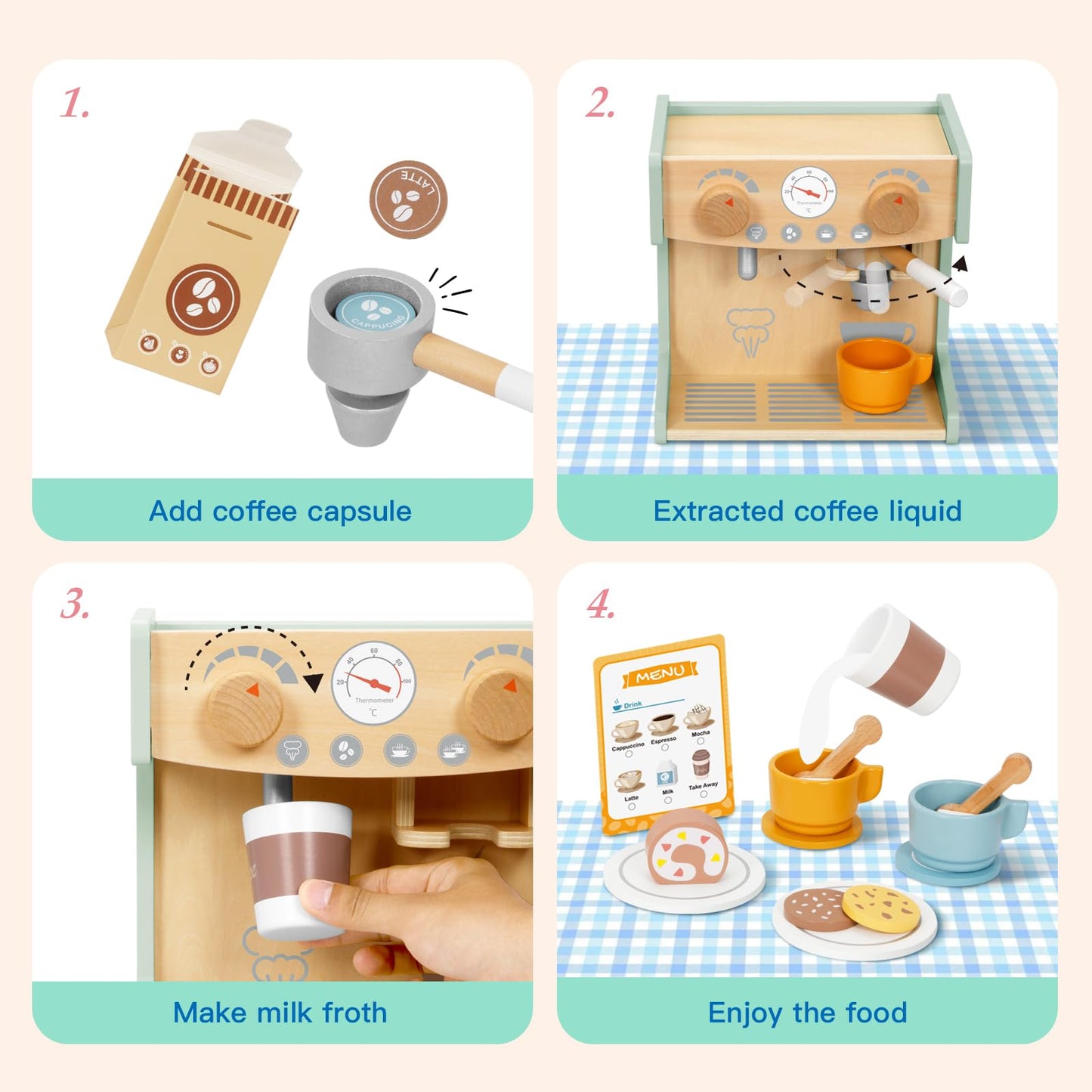 OOOK 2-in-1 Toy Coffee Maker, Kids Wooden Coffee Maker Playset, Toddler Pretend Play Kitchen Food Small Coffee Shop with 28 Pcs