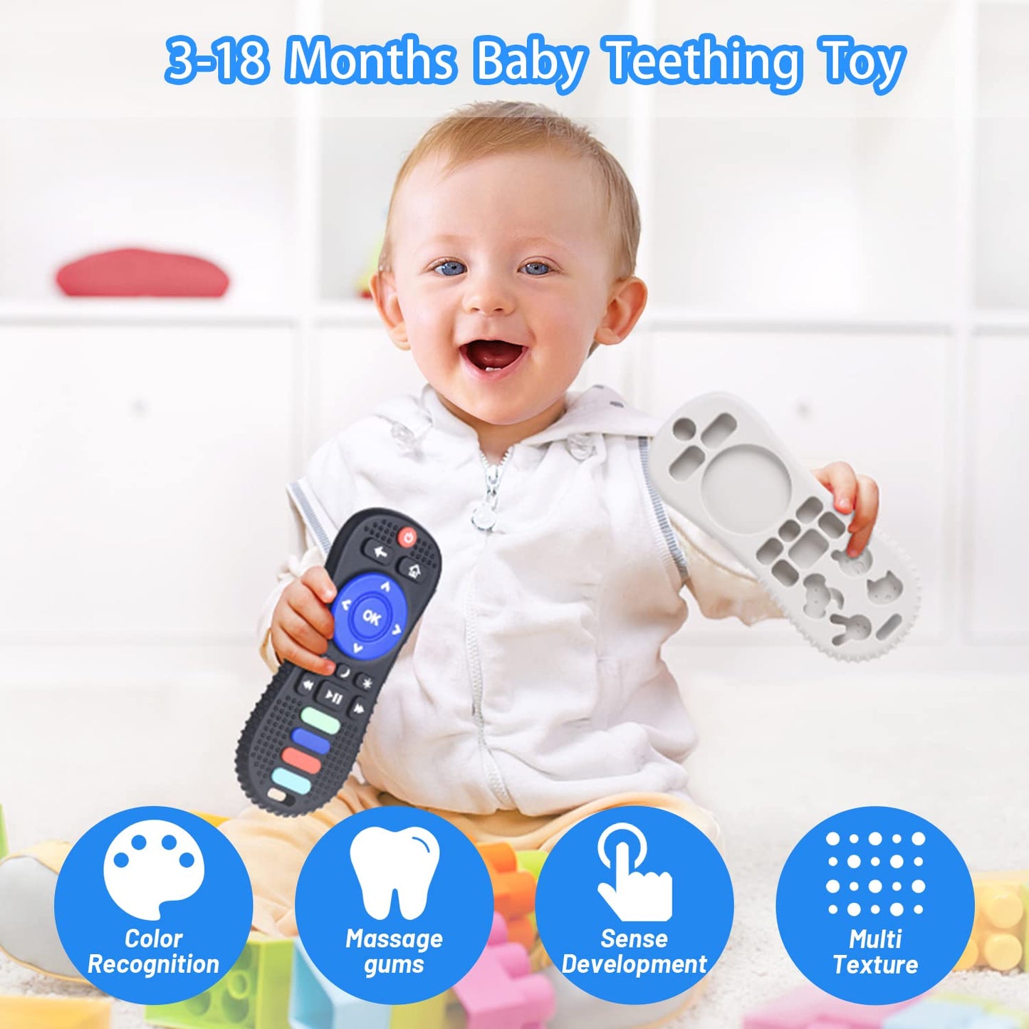 (2-Pack) Besosay Silicone Baby Remote Teether Teething Toys For Babies 0-3, 0-6, 6-12 Months, Soft Remote Teething Toys For Infa
