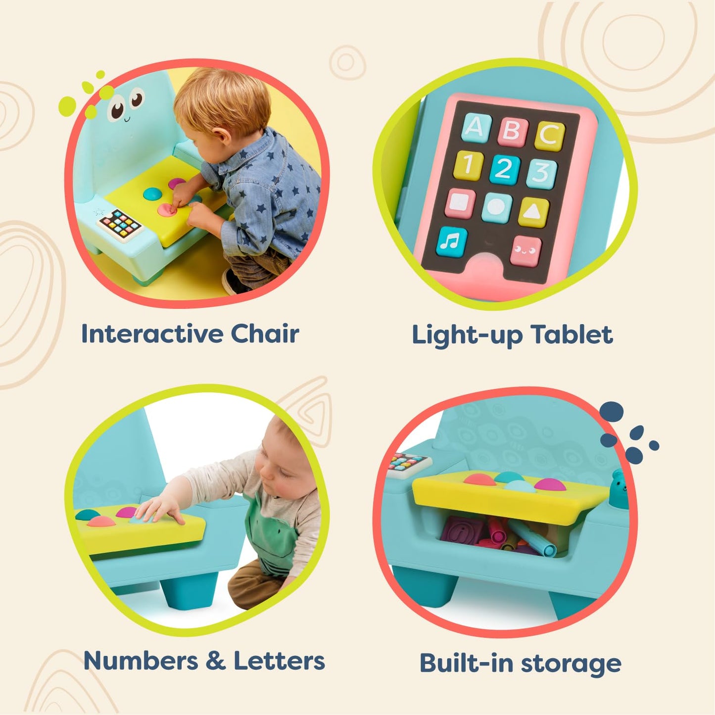 B. Toys- B. Play- Interactive Musical Chair- Little Learners- Developmental Toy For Kids- Toddler Chair With Light-Up Tablet & Activities – Music, Sounds, Lights, Buttons, Storage- 12 Months +