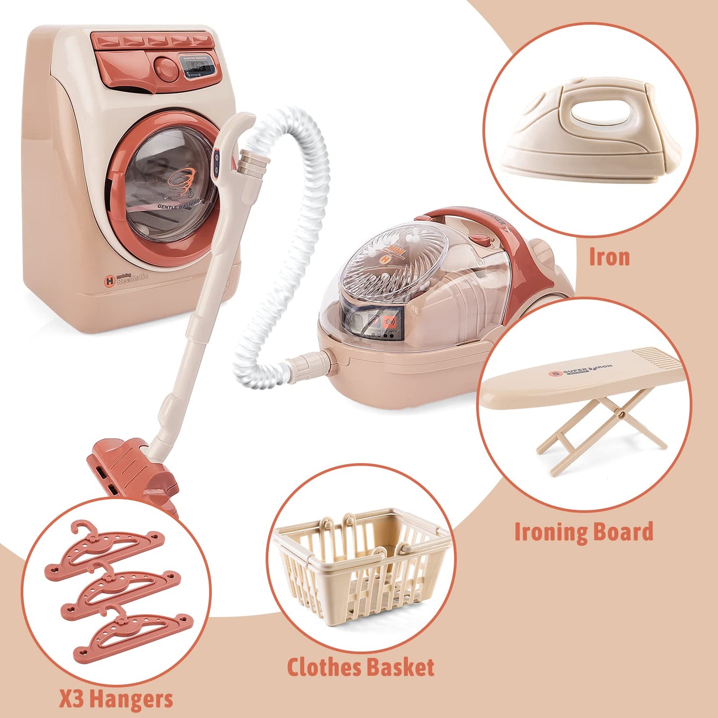 Deao Toy Washing Machine & Vacuum Playset For Kids, Mini Washing Machine Laundry Set For Kids,Dollhouse Furniture Laundry Room W