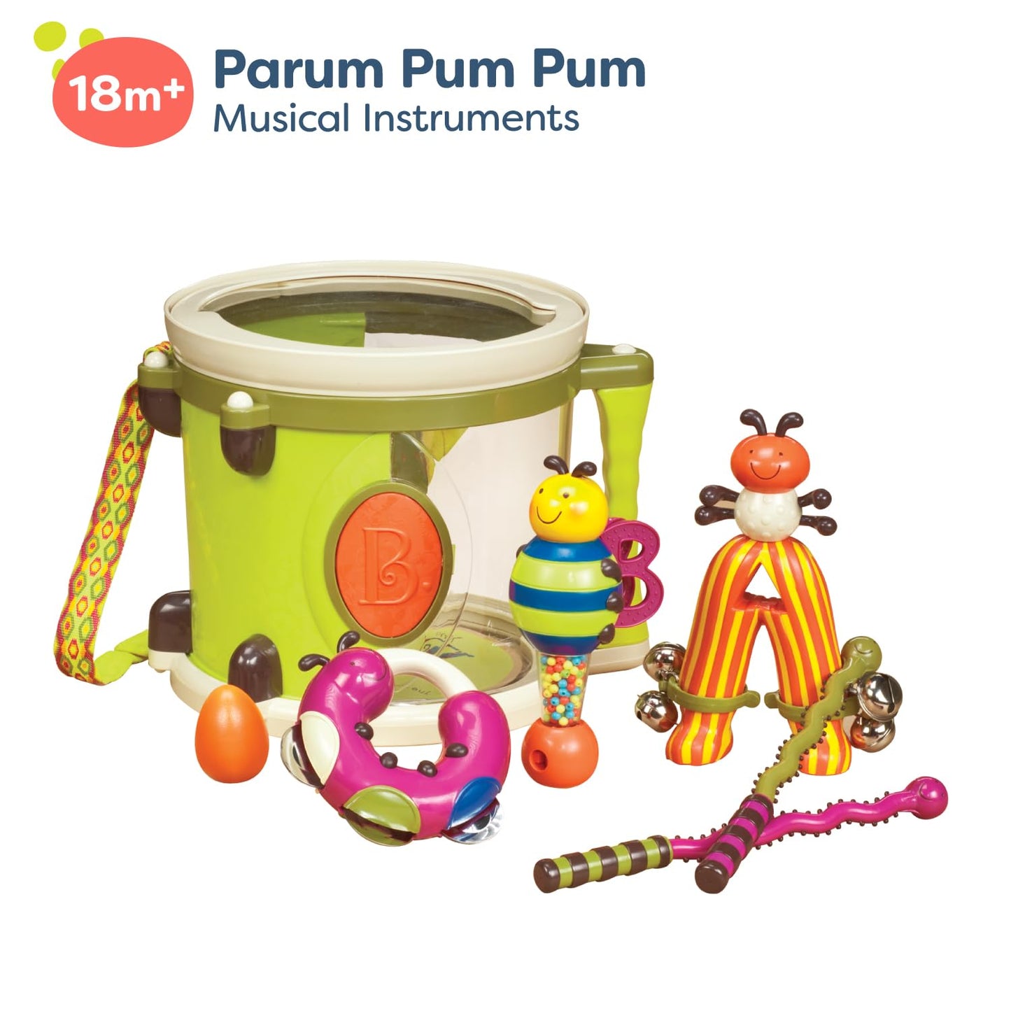 B. Toys – Musical Instruments For Kids – Portable Drum Set – Percussion Toys For Toddlers – Jingle Bell, Tambourine, Maraca & More – 18 Months + – Parum Pum Pum